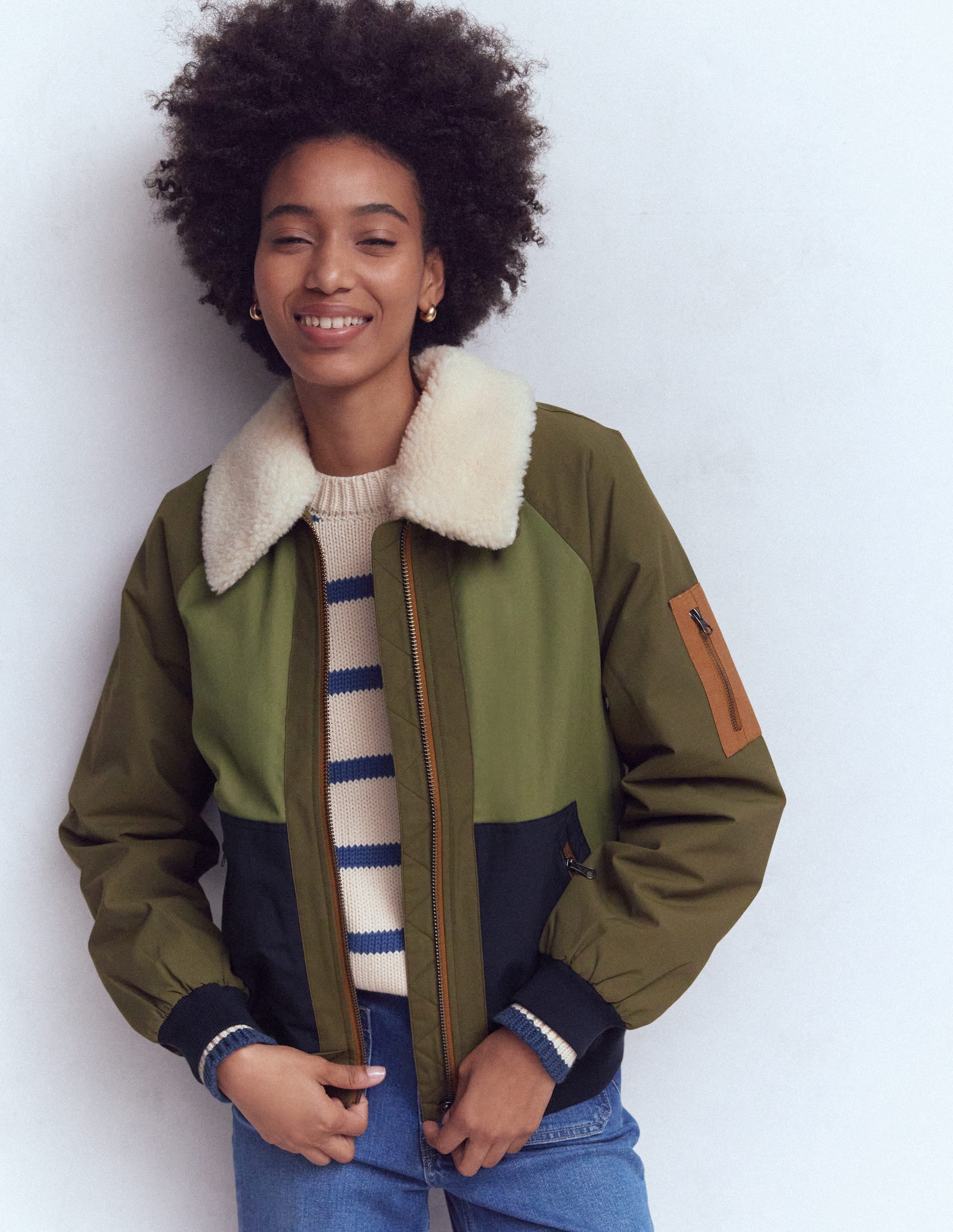 Borg Detail Bomber Jacket-Woodland Green - Image 1