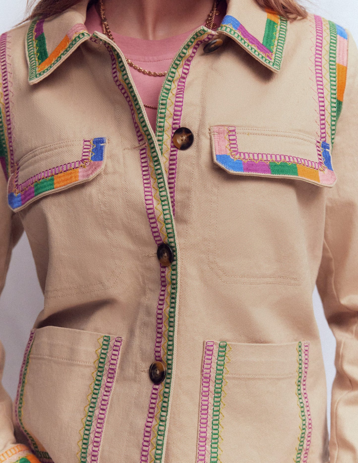 Embroidered Utility Jacket-Camel