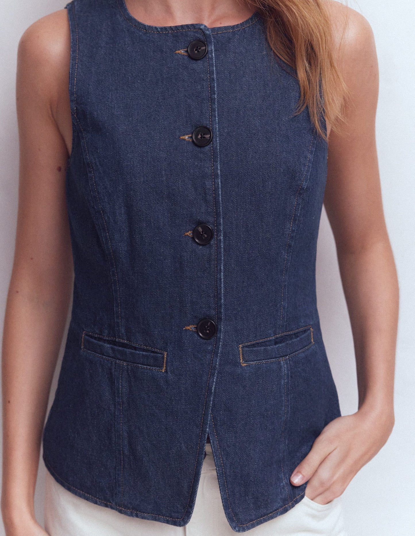 Denim Waist Coat-Indigo Denim