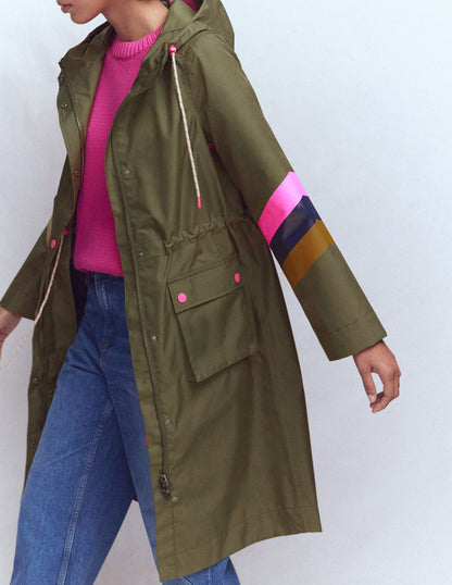 Striped Longline Rain Mac-Woodland Green Stripe-6
