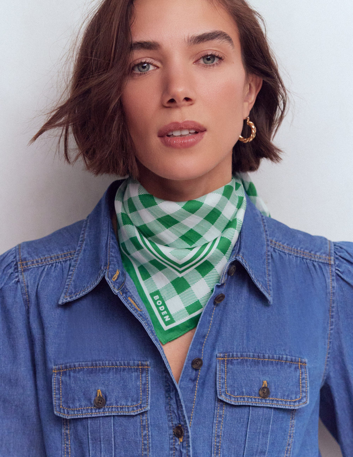 Elisabeth Silk Square Scarf-Green Gingham - Image 2