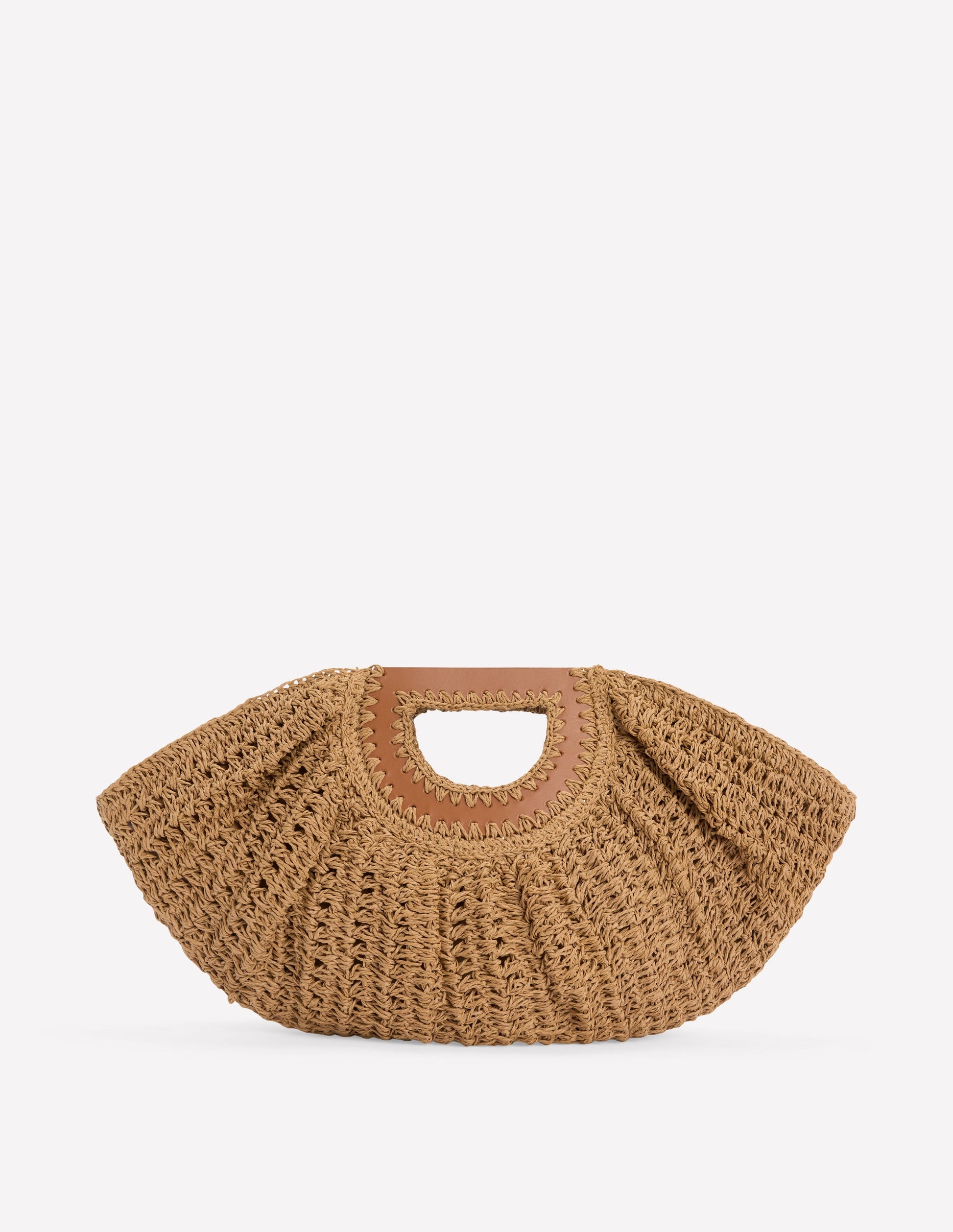 Brown woven handbag with a leather handle on a white background
