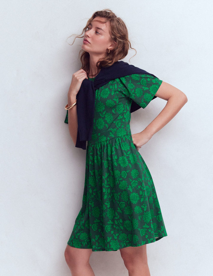 Louisa Short Jersey Dress-Midnight Teal, Floral Frenzy