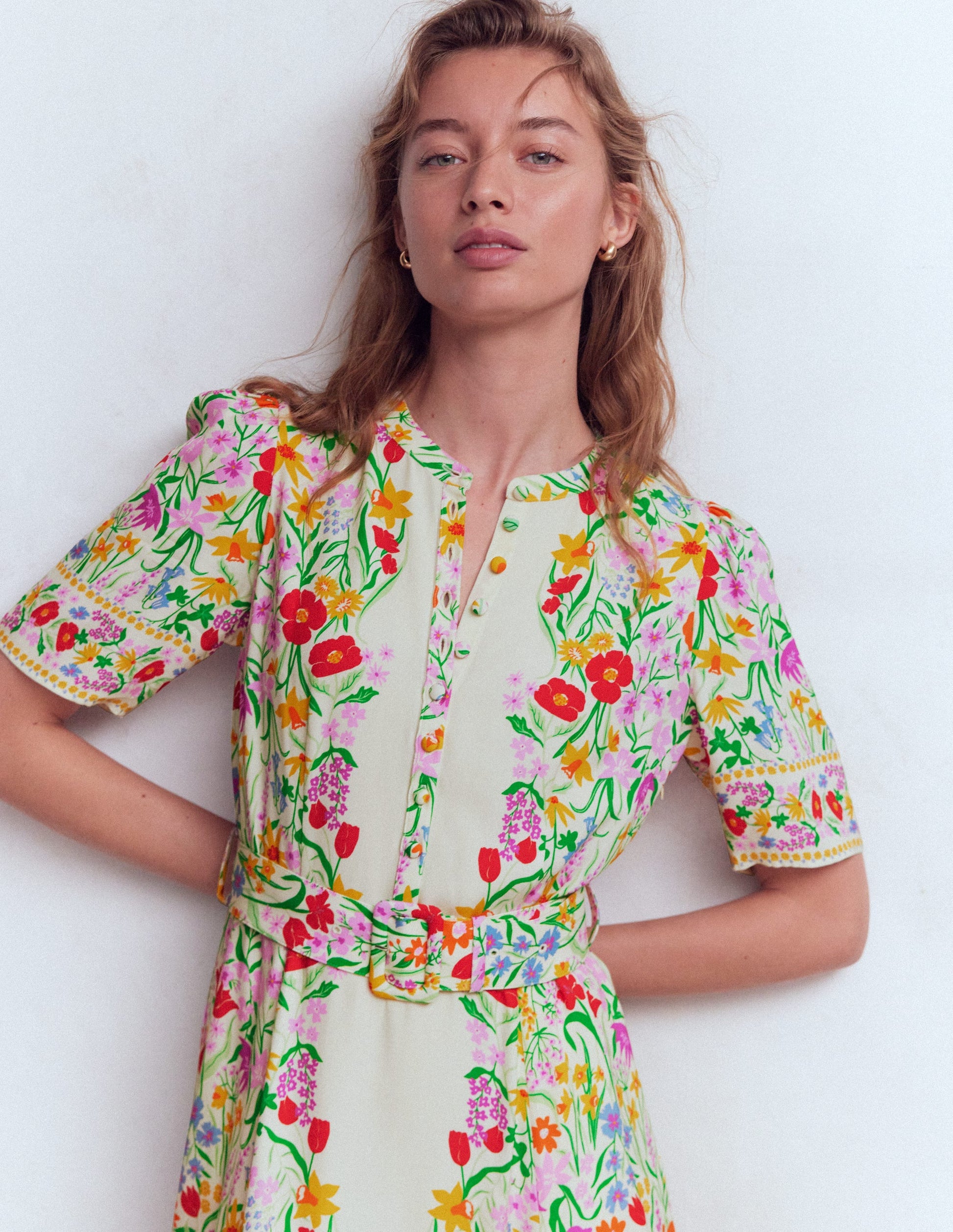 Kate Puff Sleeve Belted Dress-Ivory, Elegant Garden-2