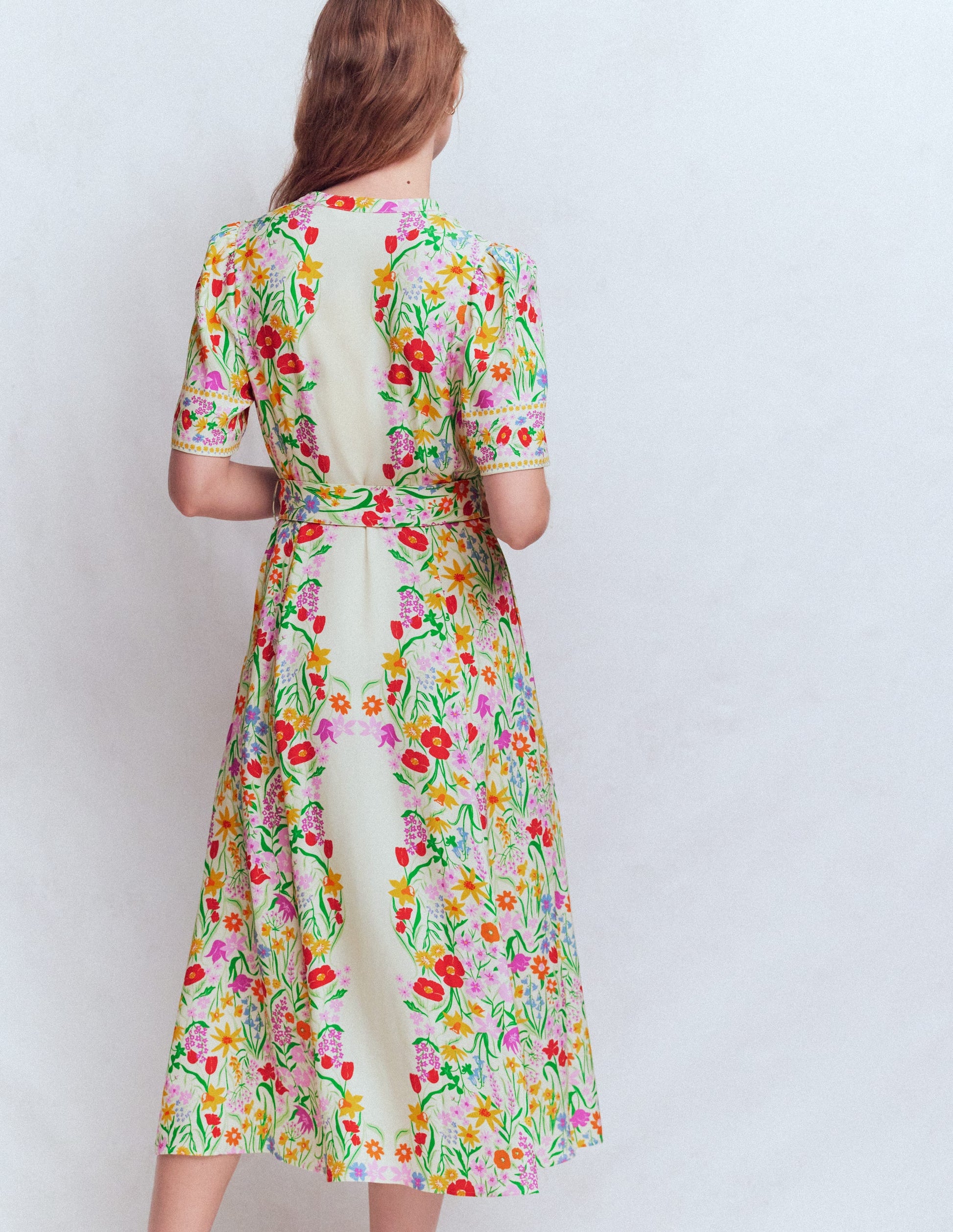 Kate Puff Sleeve Belted Dress-Ivory, Elegant Garden-3