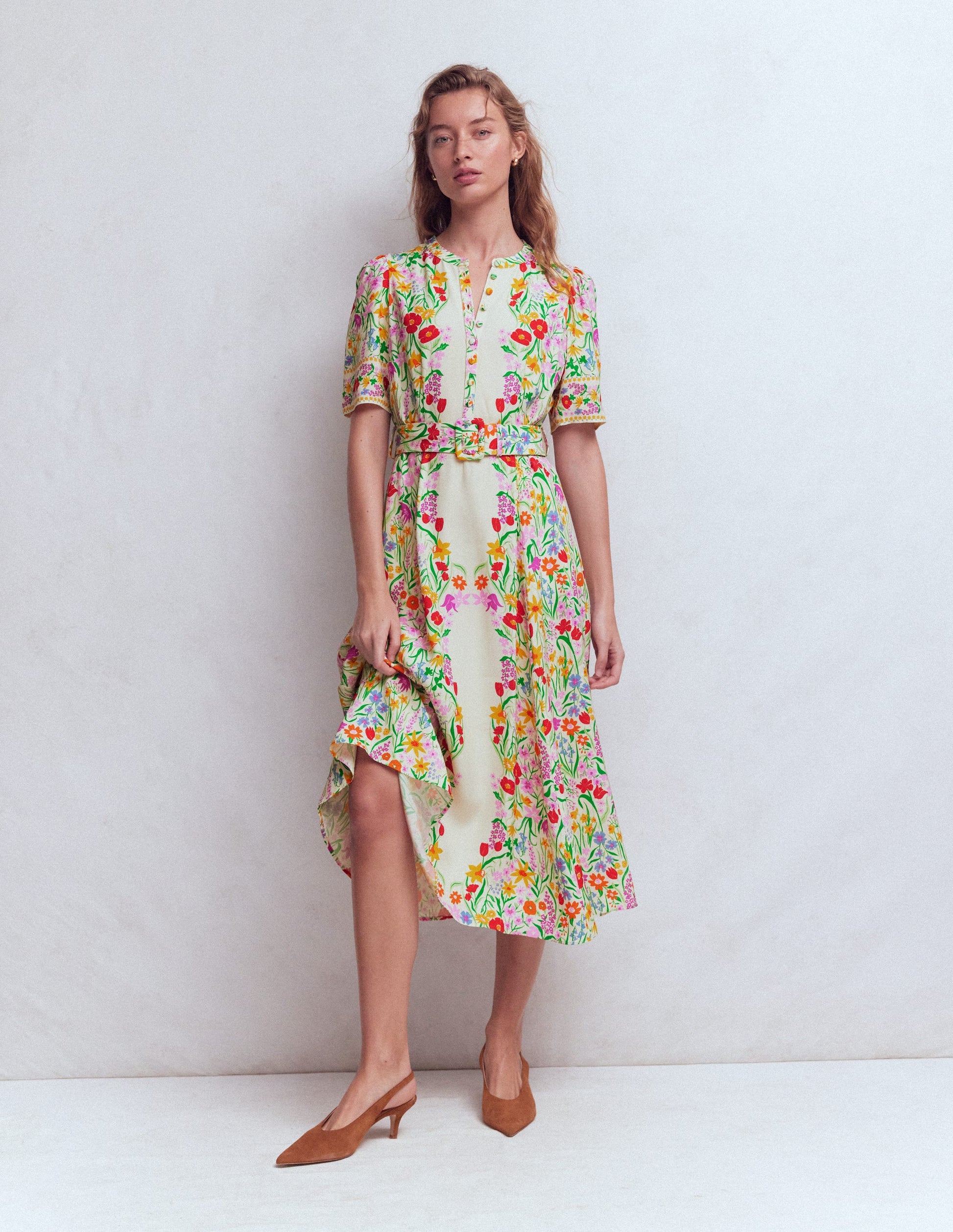 Kate Puff Sleeve Belted Dress-Ivory, Elegant Garden-4