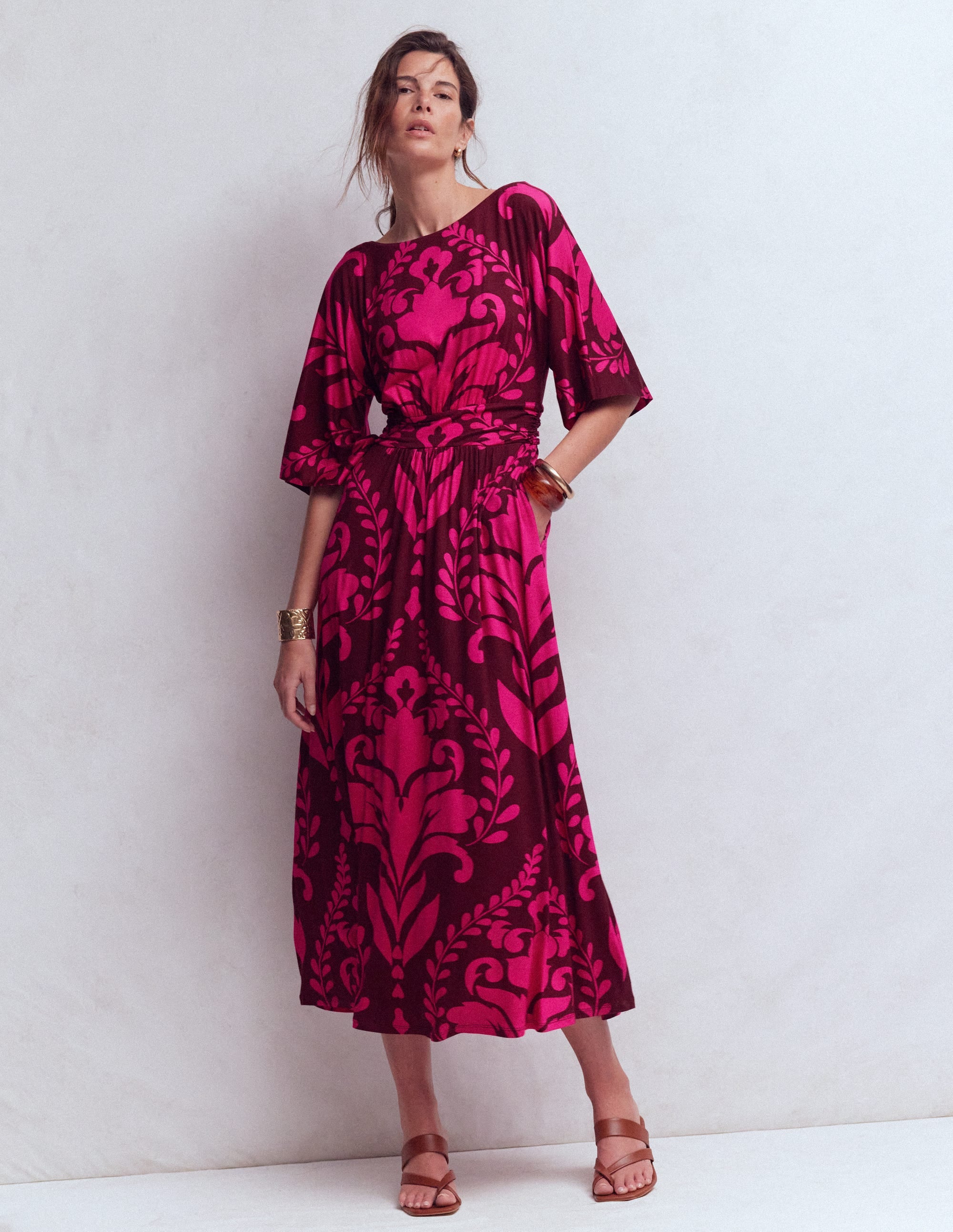 Imelda Kimono Jersey Dress-Pink Peony, Decorative Lattice - Image 4