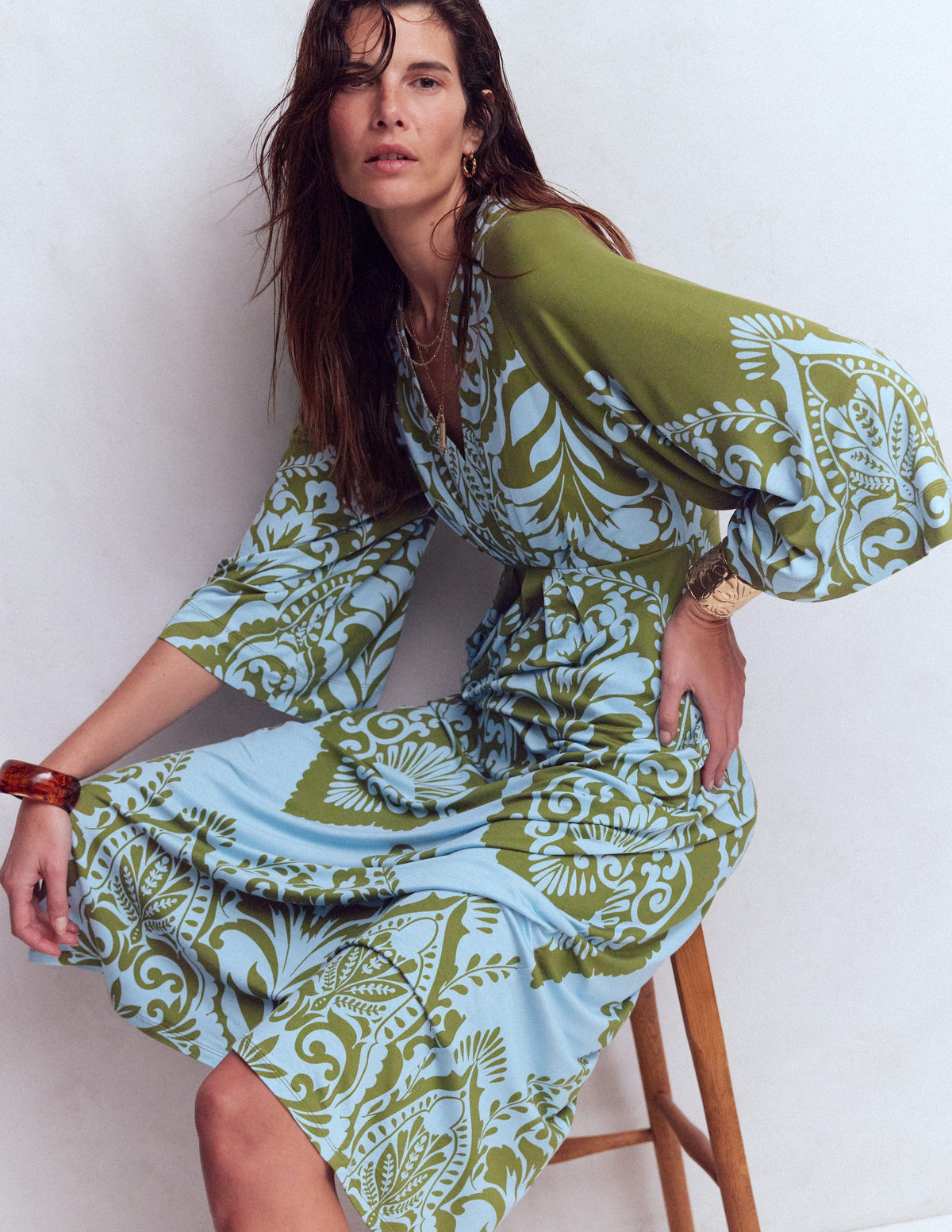Nell Kimono Midi Jersey Dress-Olive, Ornamental Garden - Image 1