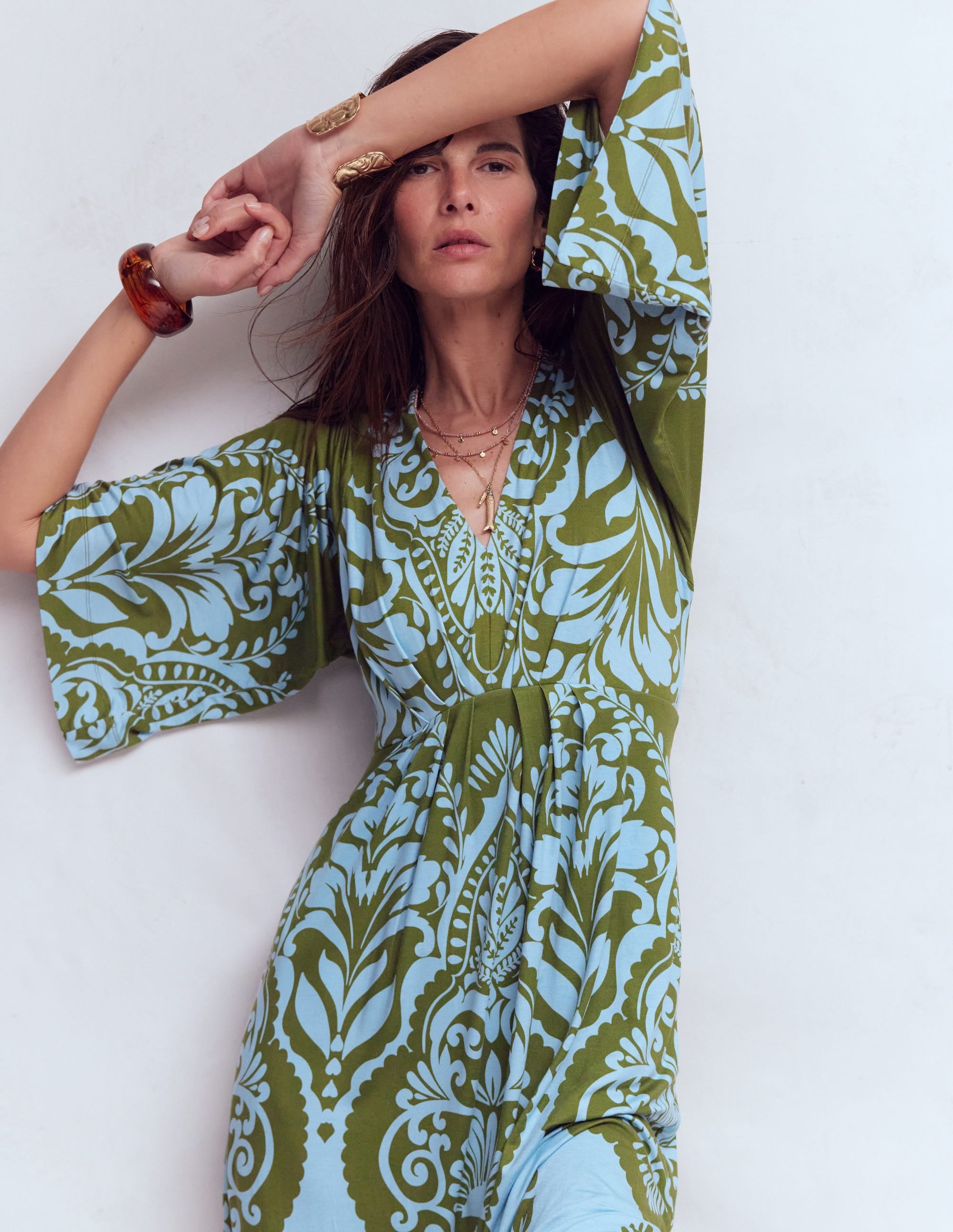 Nell Kimono Midi Jersey Dress-Olive, Ornamental Garden - Image 2