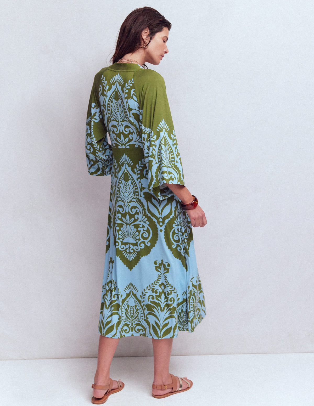 Nell Kimono Midi Jersey Dress-Olive, Ornamental Garden - Image 3