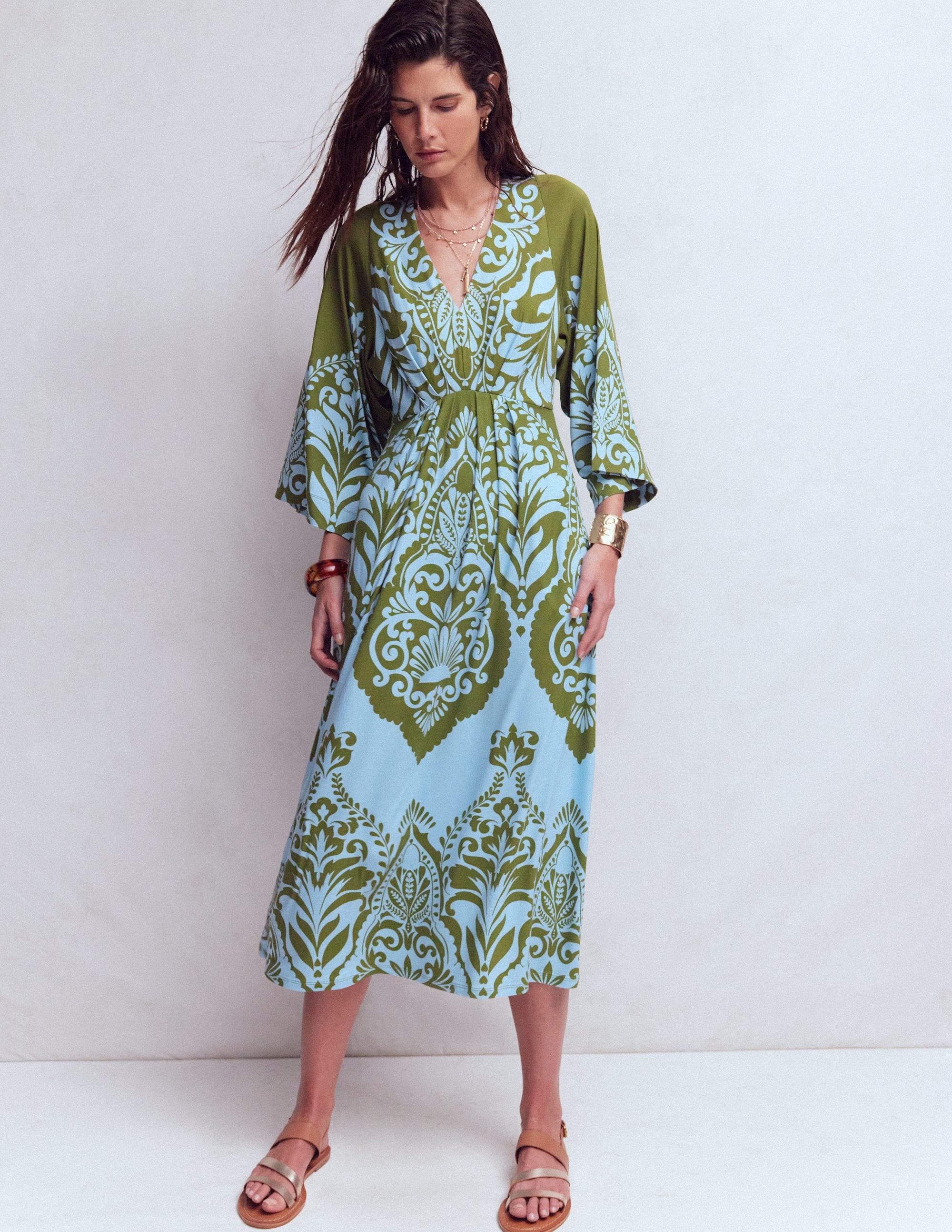 Nell Kimono Midi Jersey Dress-Olive, Ornamental Garden - Image 4