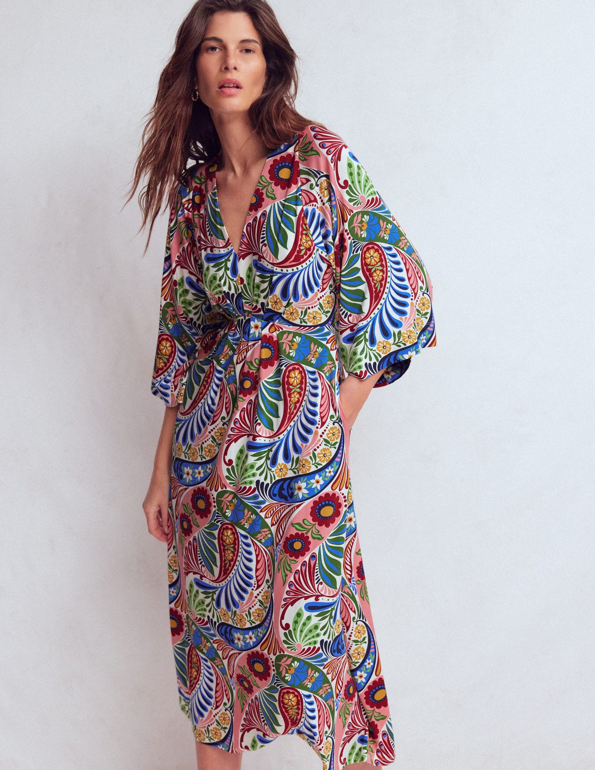Nell Kimono Midi Jersey Dress-Multi, Enchanted Paisley-4