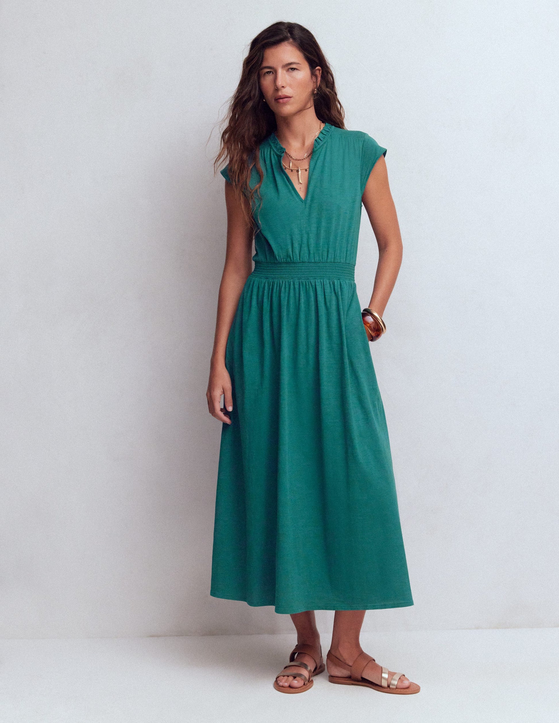 Alba Smocked Jersey Midi Dress-Drake Green-1