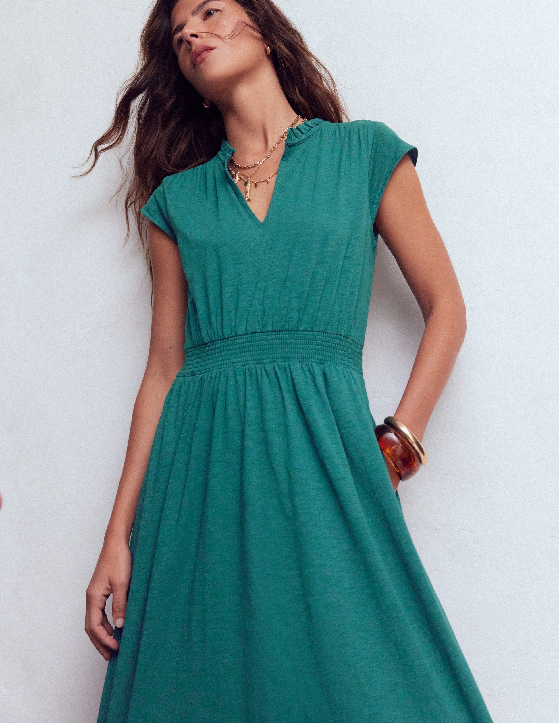 Alba Smocked Jersey Midi Dress-Drake Green | Boden USA Alba Smocked Jersey Midi Dress-Drake Green | Boden USA