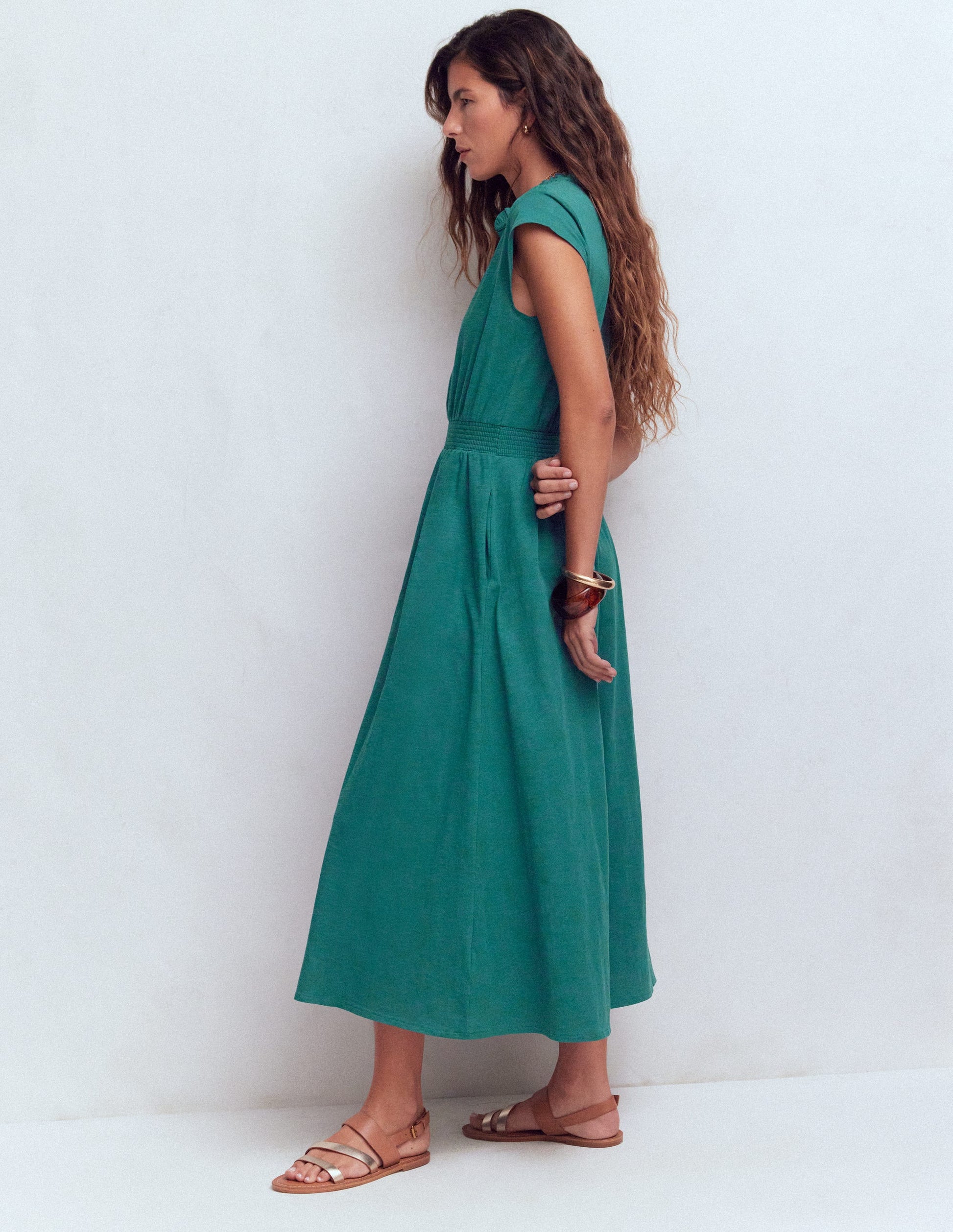 Alba Smocked Jersey Midi Dress-Drake Green | Boden USA Alba Smocked Jersey Midi Dress-Drake Green | Boden USA