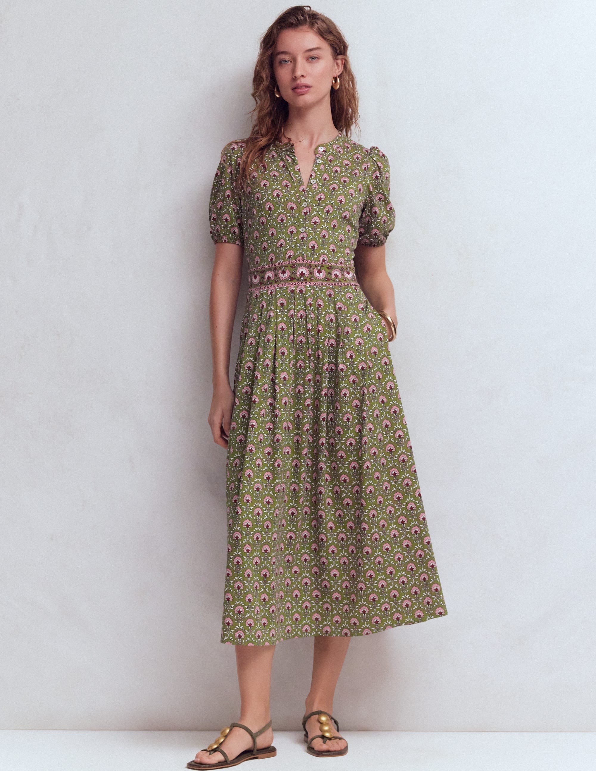 Amber Pleat Jersey Midi Dress-Olive, Flower Lattice | Boden USA