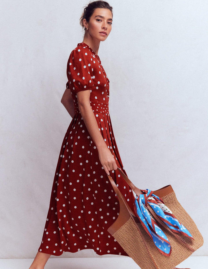 Amber Pleat Jersey Midi Dress-Burnt Orange, Painted Dot