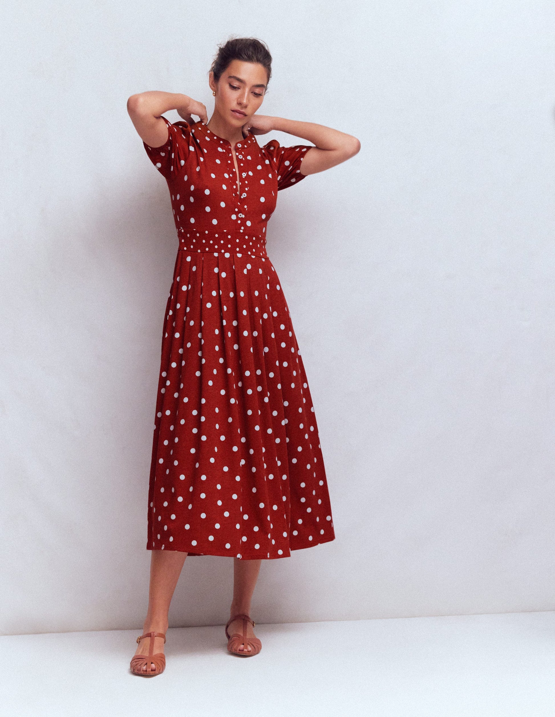 polka dot dress orange Boden Women's Amber Pleat Jersey Midi Dress in Brown