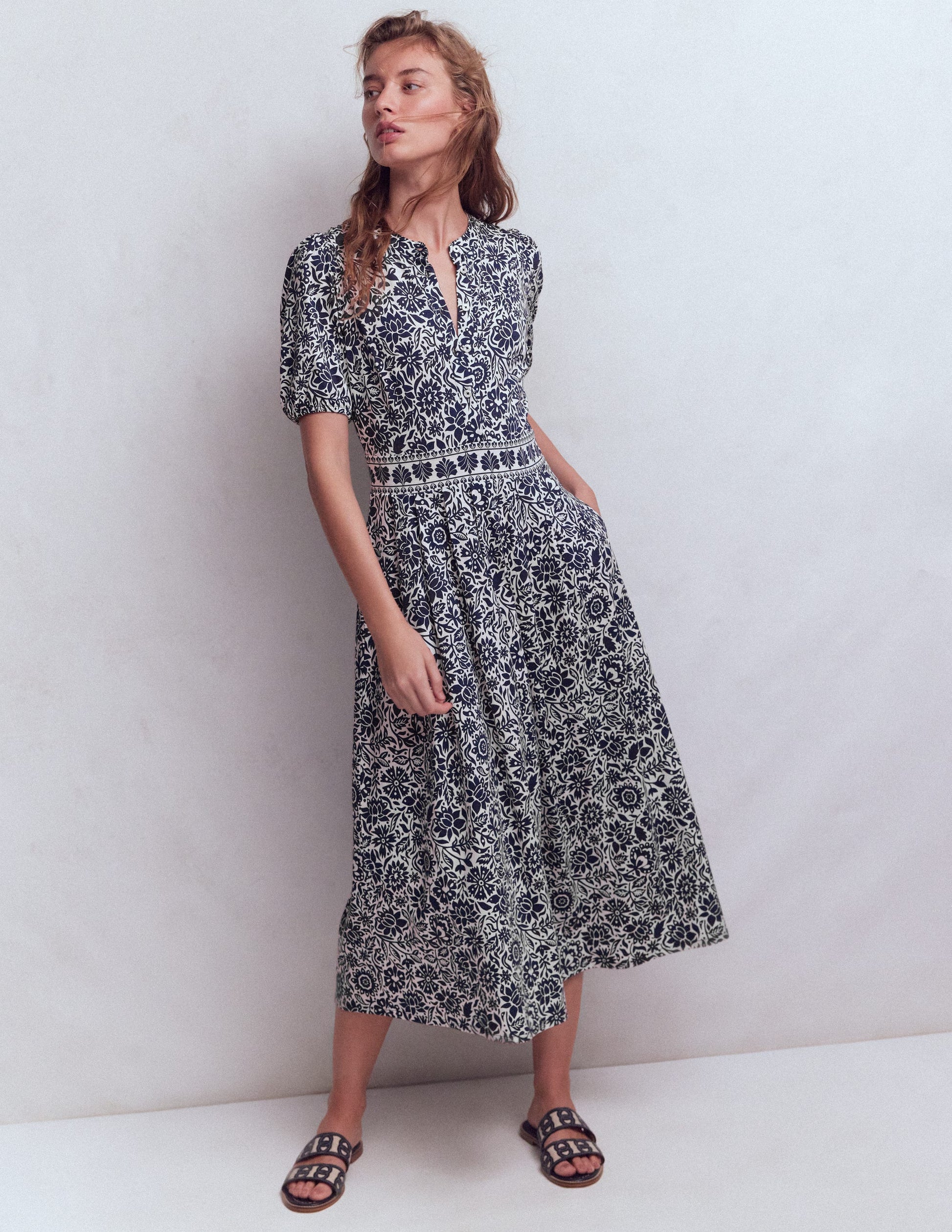 Amber Pleat Jersey Midi Dress-Navy, Meadow Scatter-1