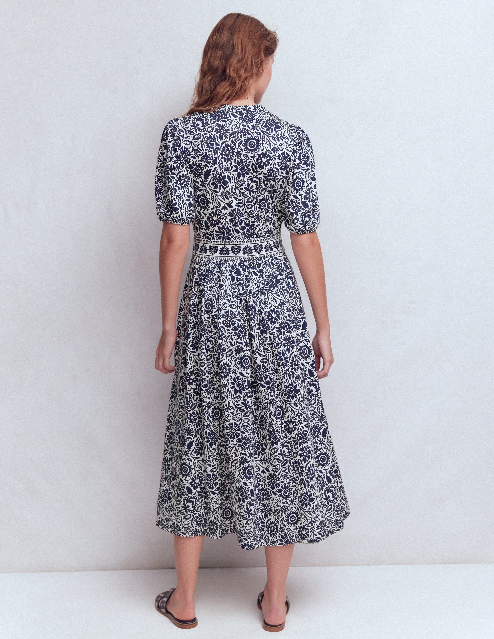 Amber Pleat Jersey Midi Dress - Navy, Meadow Scatter | Boden USA