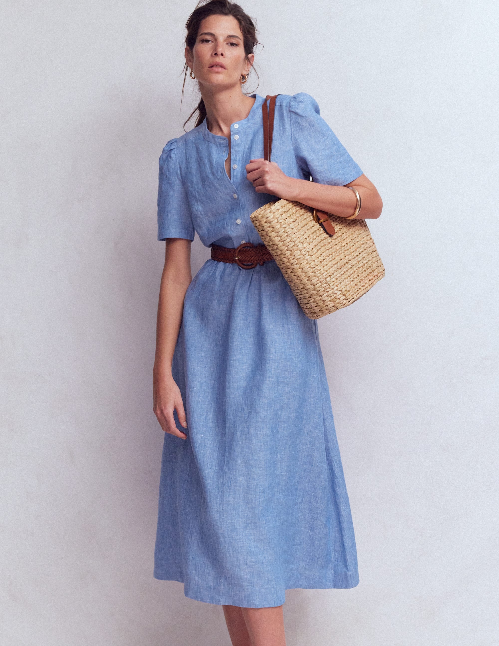 Boden Women's Ivy Button Linen Midi Dress in Blue