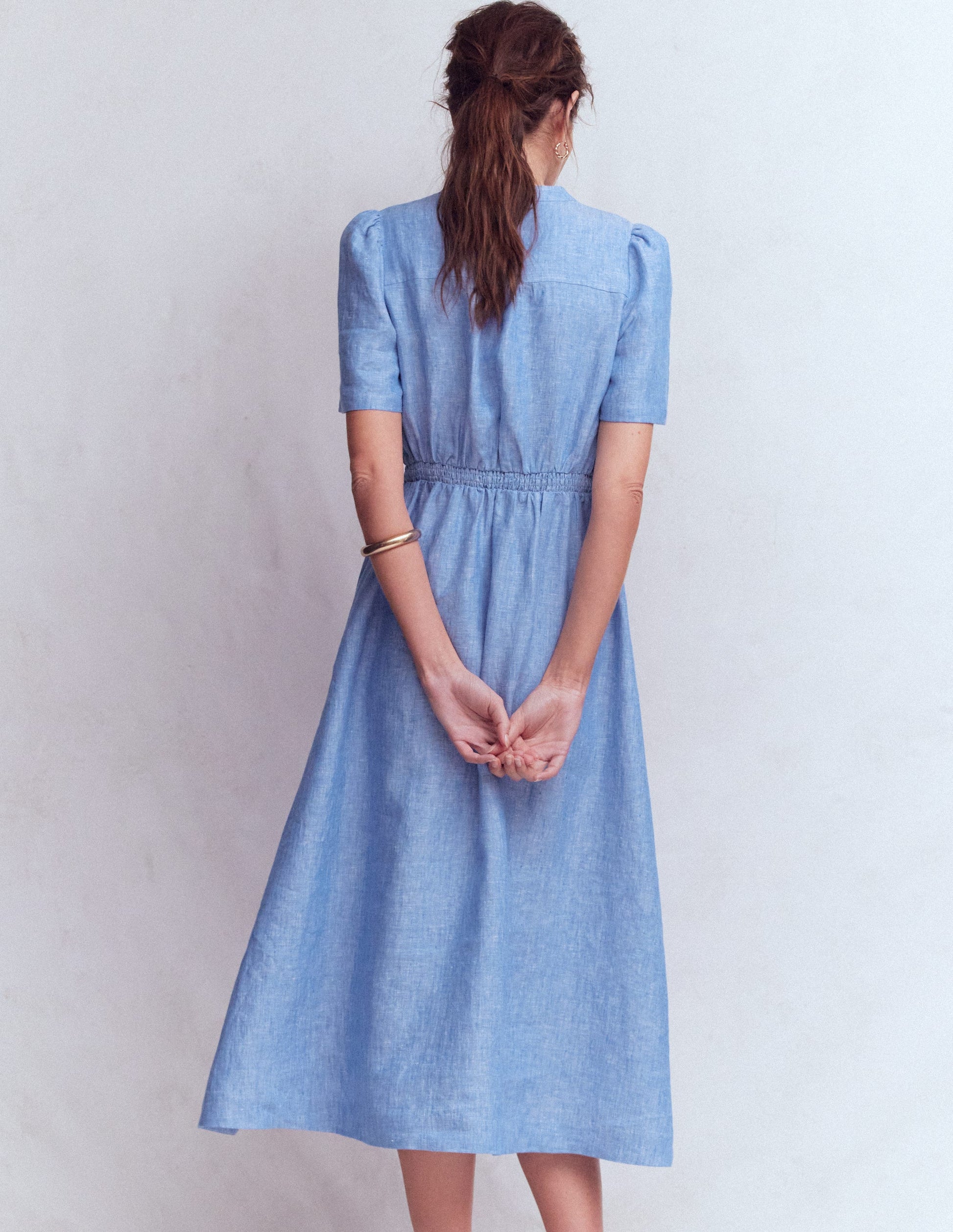 Boden Women's Ivy Placket Linen Midi Dress in Blue | Size 8 Boden Women's Ivy Placket Linen Midi Dress in Blue | Size 8