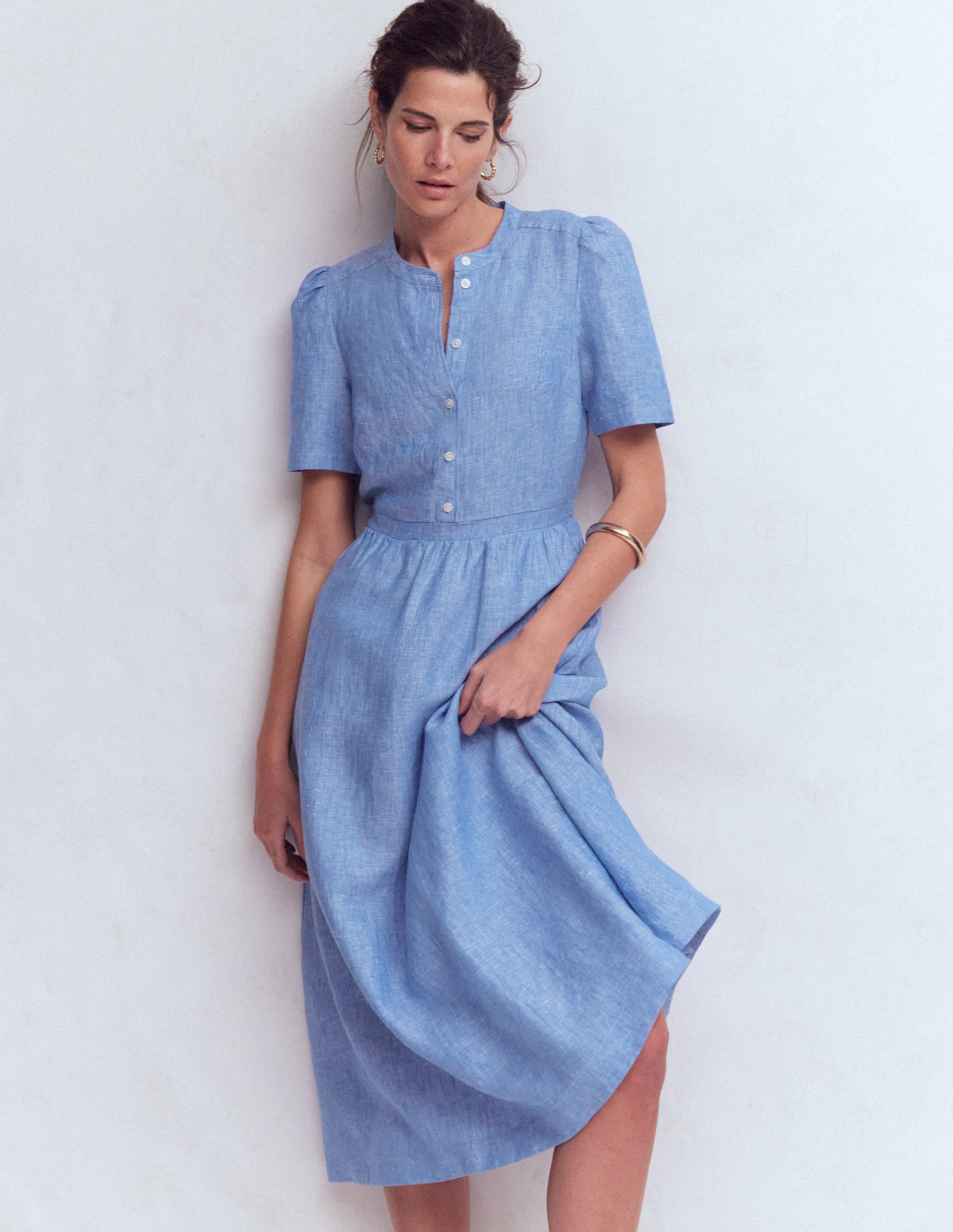 Ivy Button Linen Midi Dress-Summer Blue Chambray - Image 4