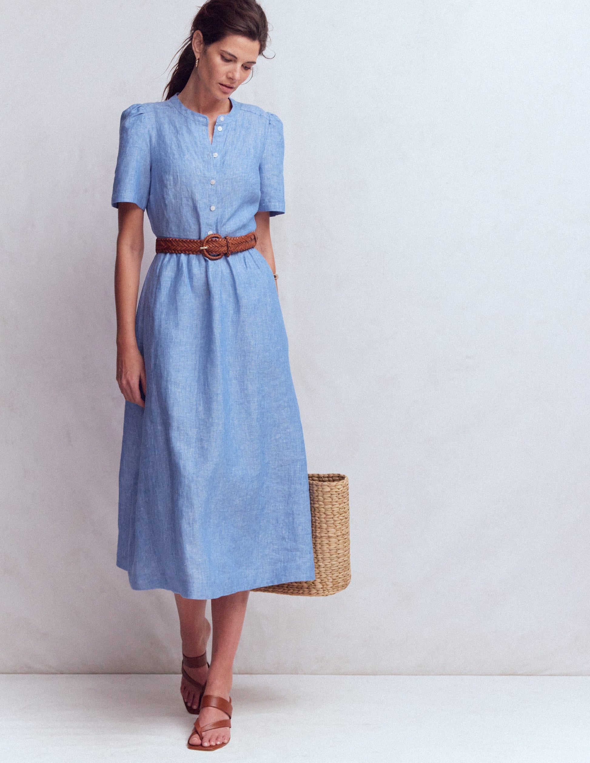 Ivy Placket Linen Midi Dress-Summer Blue Chambray | Boden USA Ivy Placket Linen Midi Dress-Summer Blue Chambray | Boden USA
