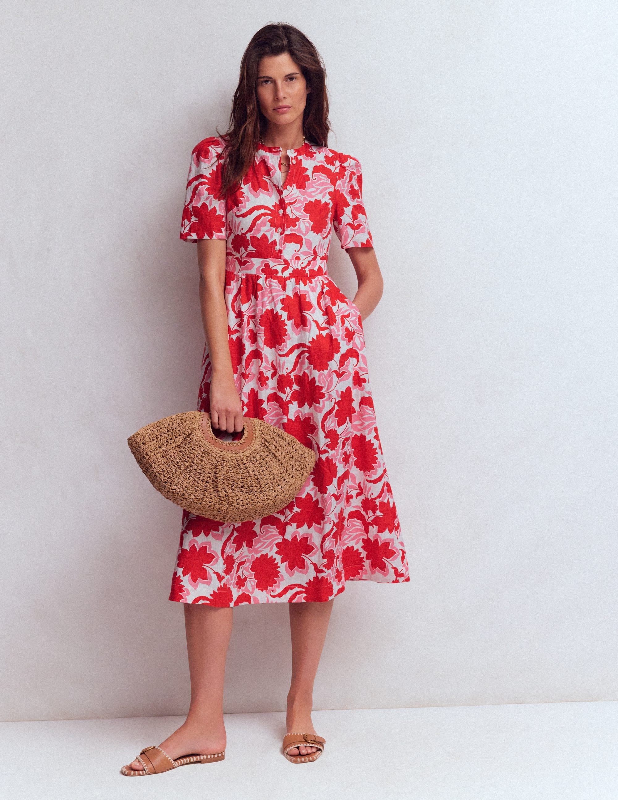 Ivy Button Linen Midi Dress-Red Shadow Blossom - Image 1