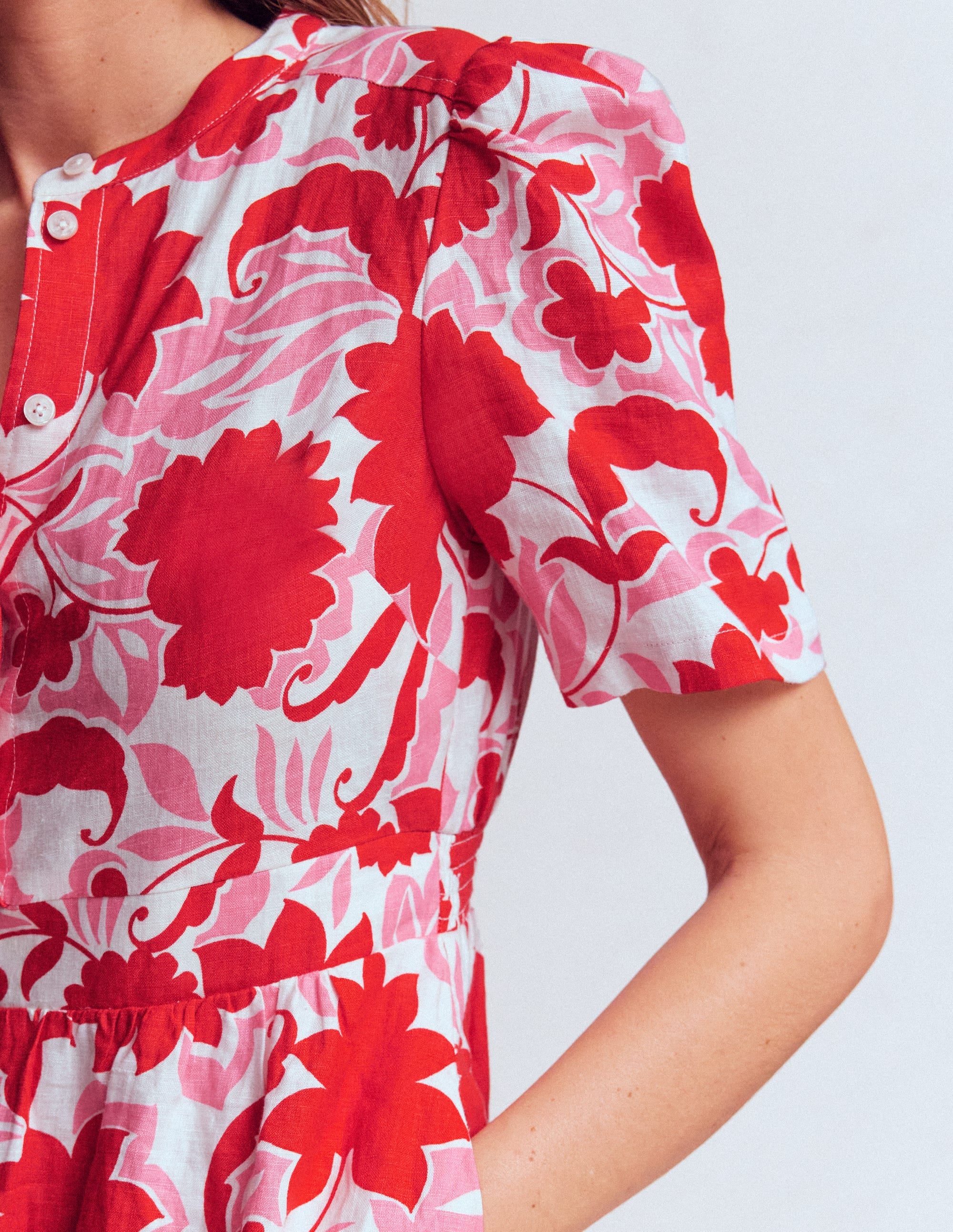 Ivy Button Linen Midi Dress-Red Shadow Blossom - Image 2