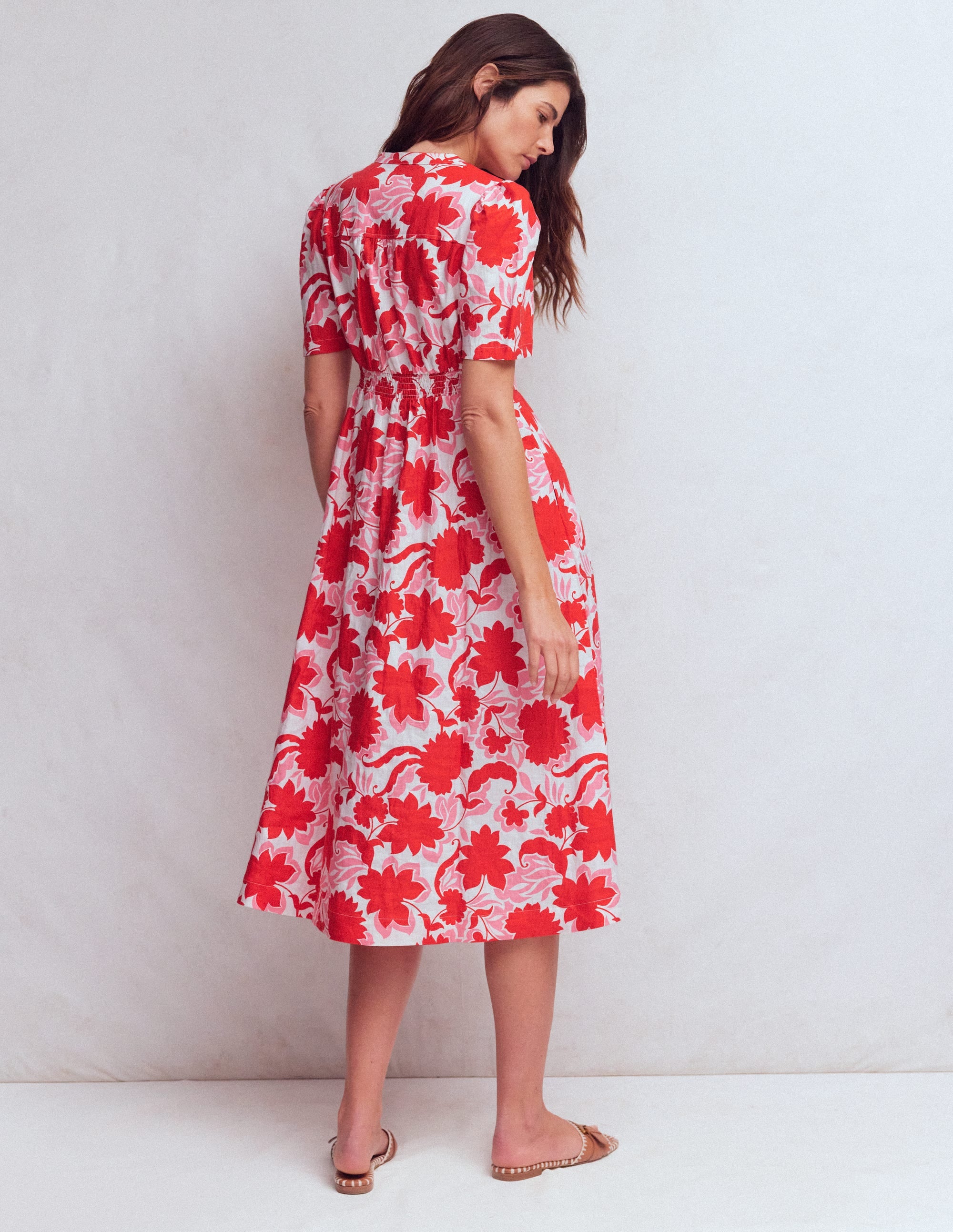 Ivy Button Linen Midi Dress-Red Shadow Blossom - Image 3
