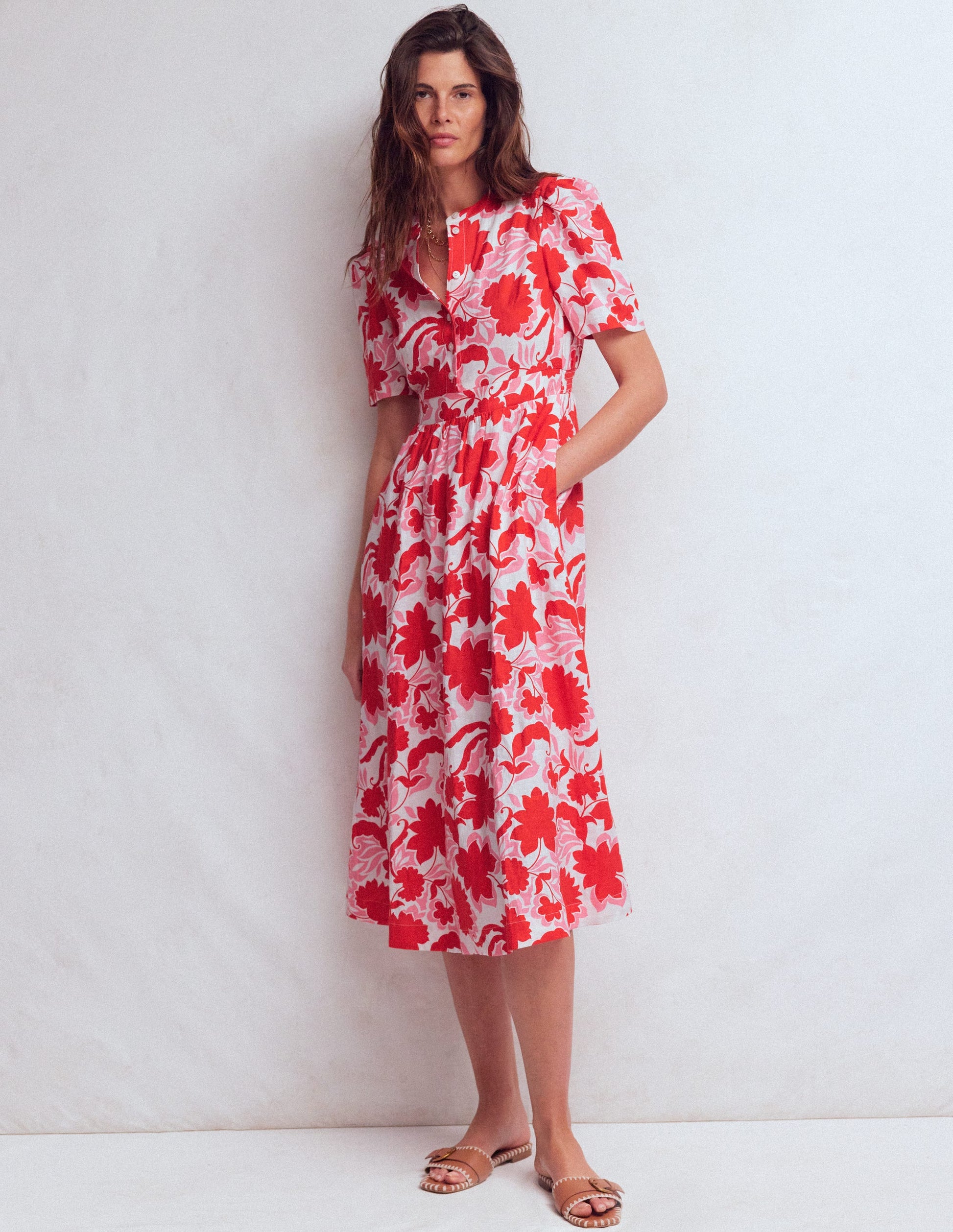Boden Women's Ivy Placket Linen Midi Dress in Red | Size 10 Boden Women's Ivy Placket Linen Midi Dress in Red | Size 10