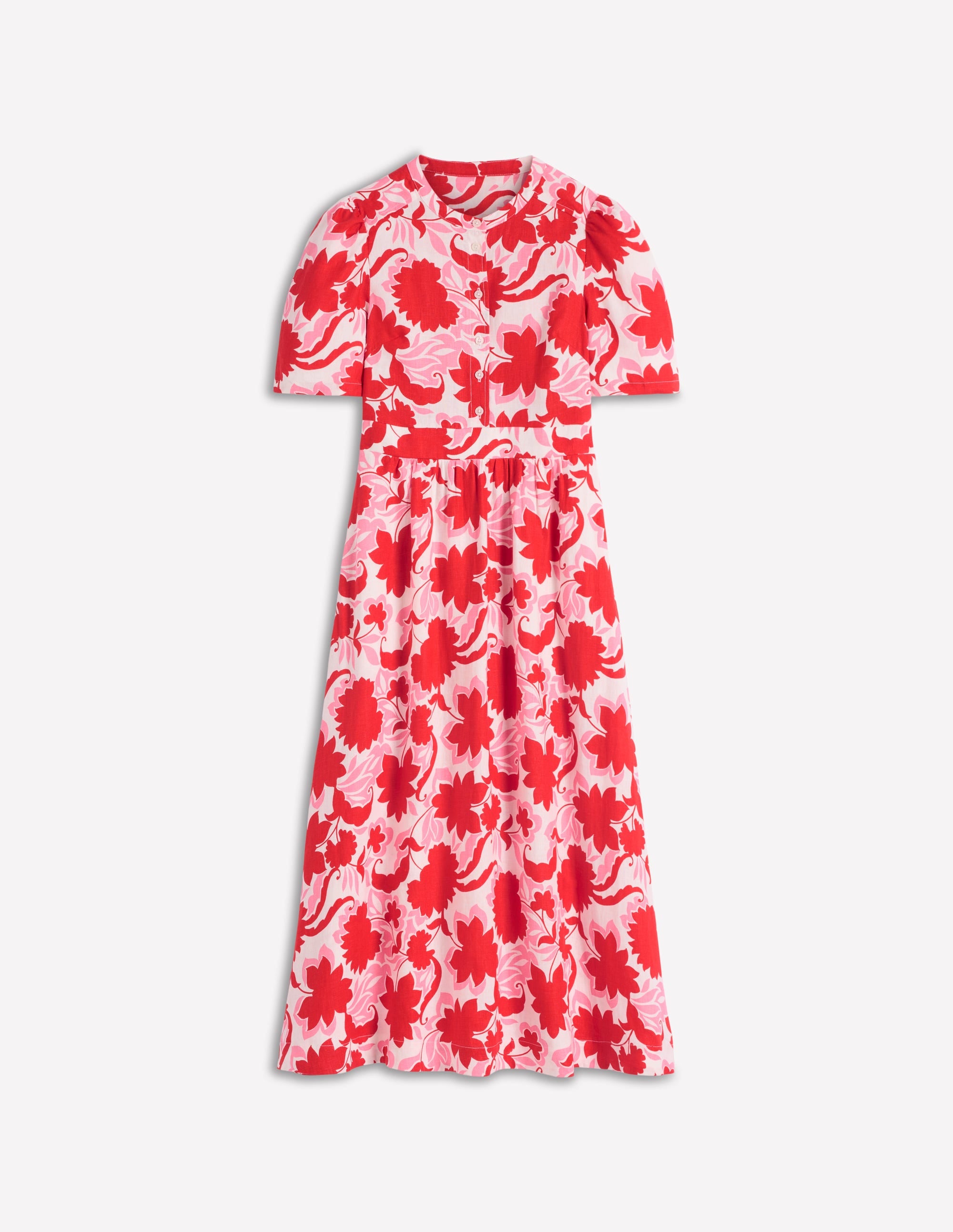 Ivy Button Linen Midi Dress-Red Shadow Blossom - Image 5