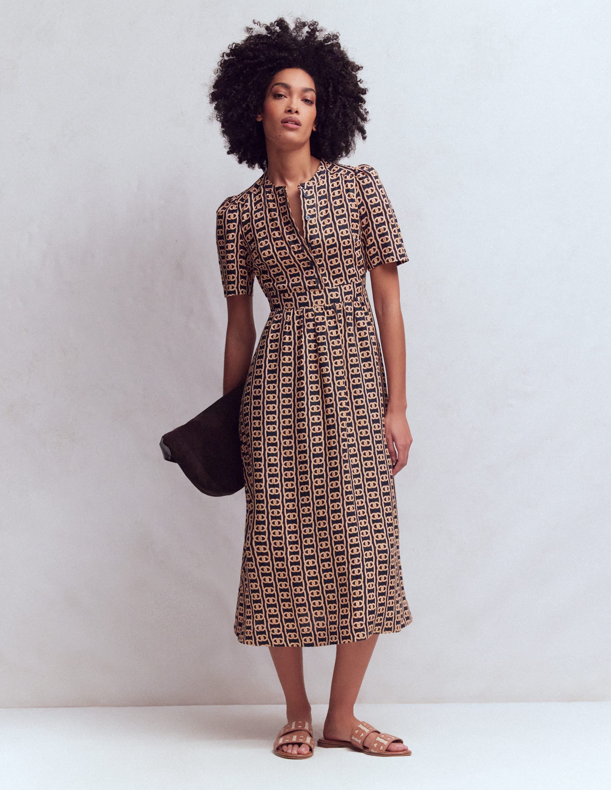 Ivy Button Linen Midi Dress-French Navy, Rope Trellis - Image 1