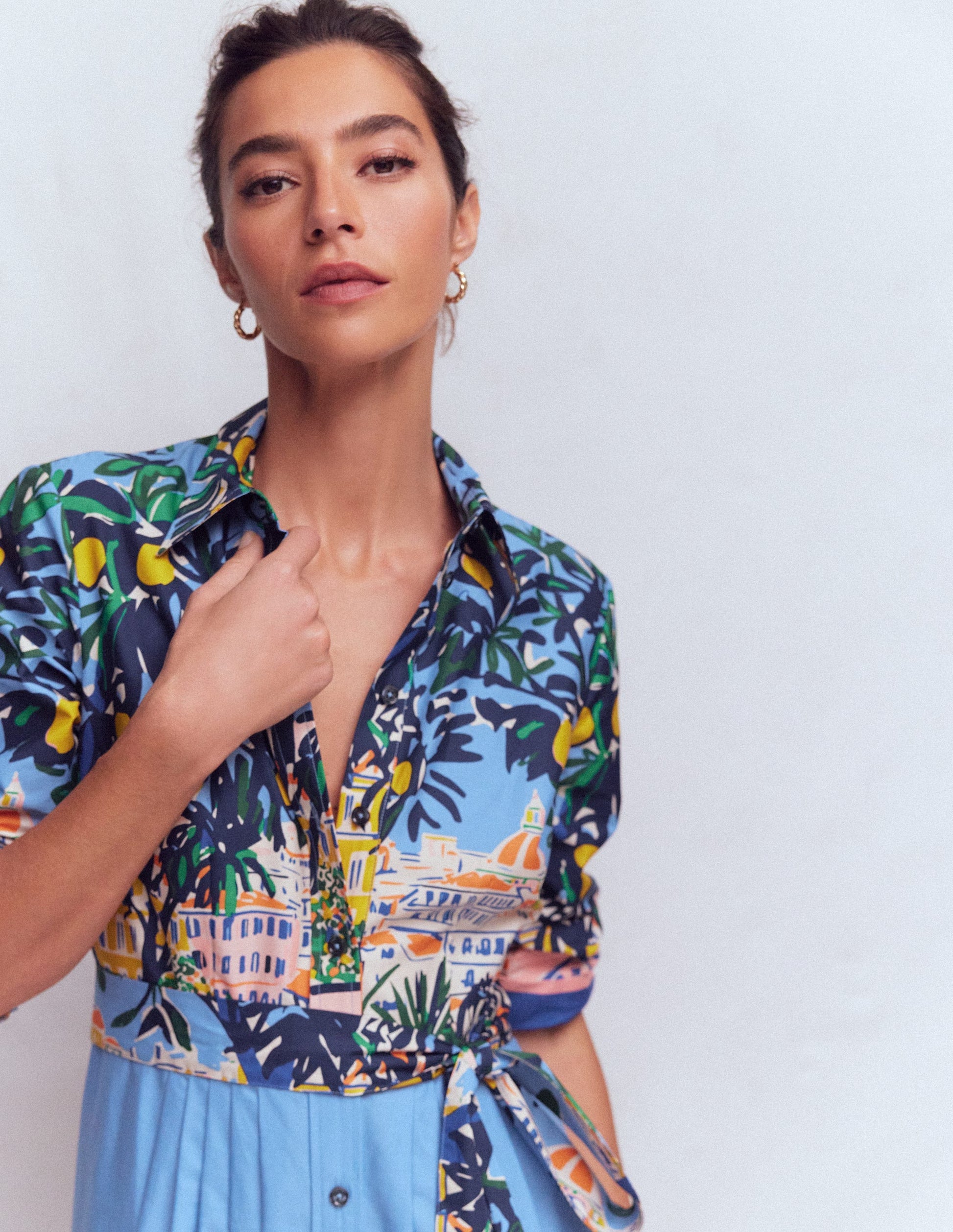 Alexa Cotton Midi Shirt Dress-Multi Balcony Scene-2