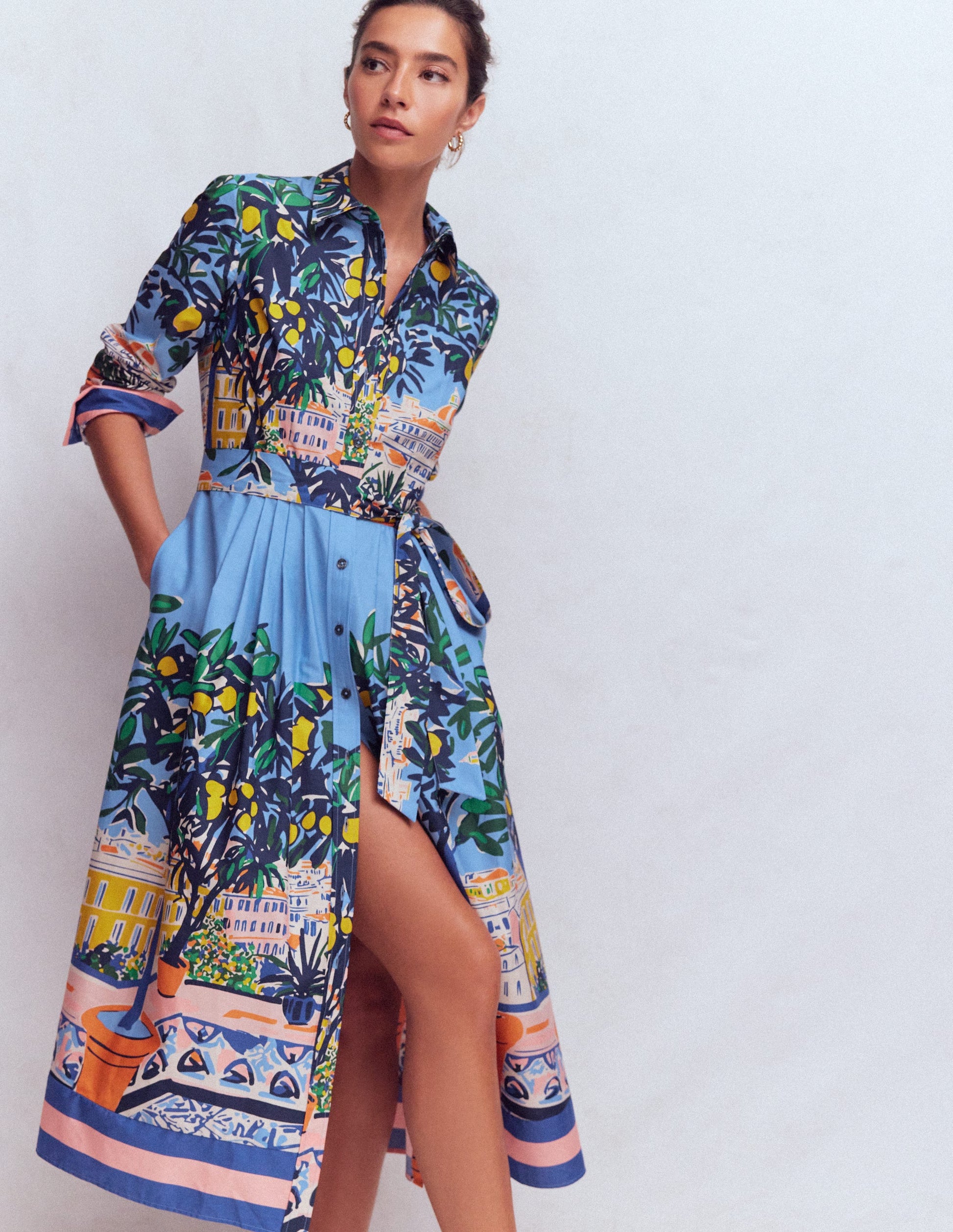 Alexa Cotton Midi Shirt Dress-Multi Balcony Scene-4