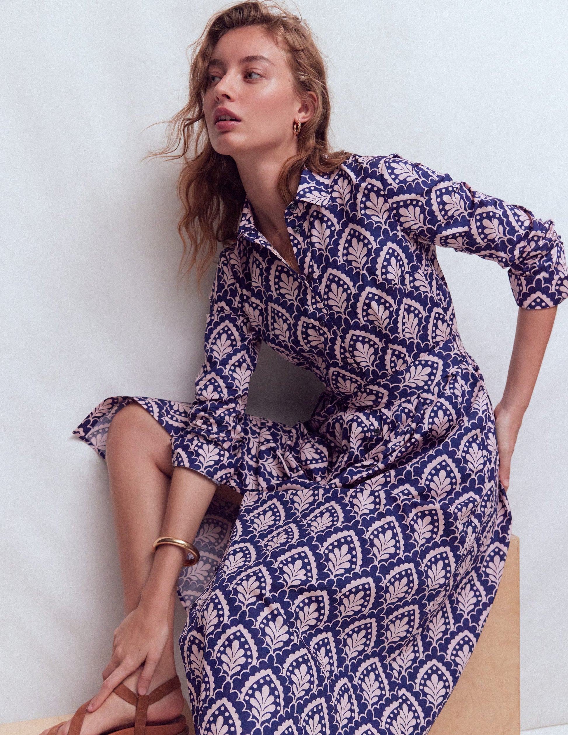 Alexa Cotton Midi Shirt Dress-Navy Petal Terrace-1