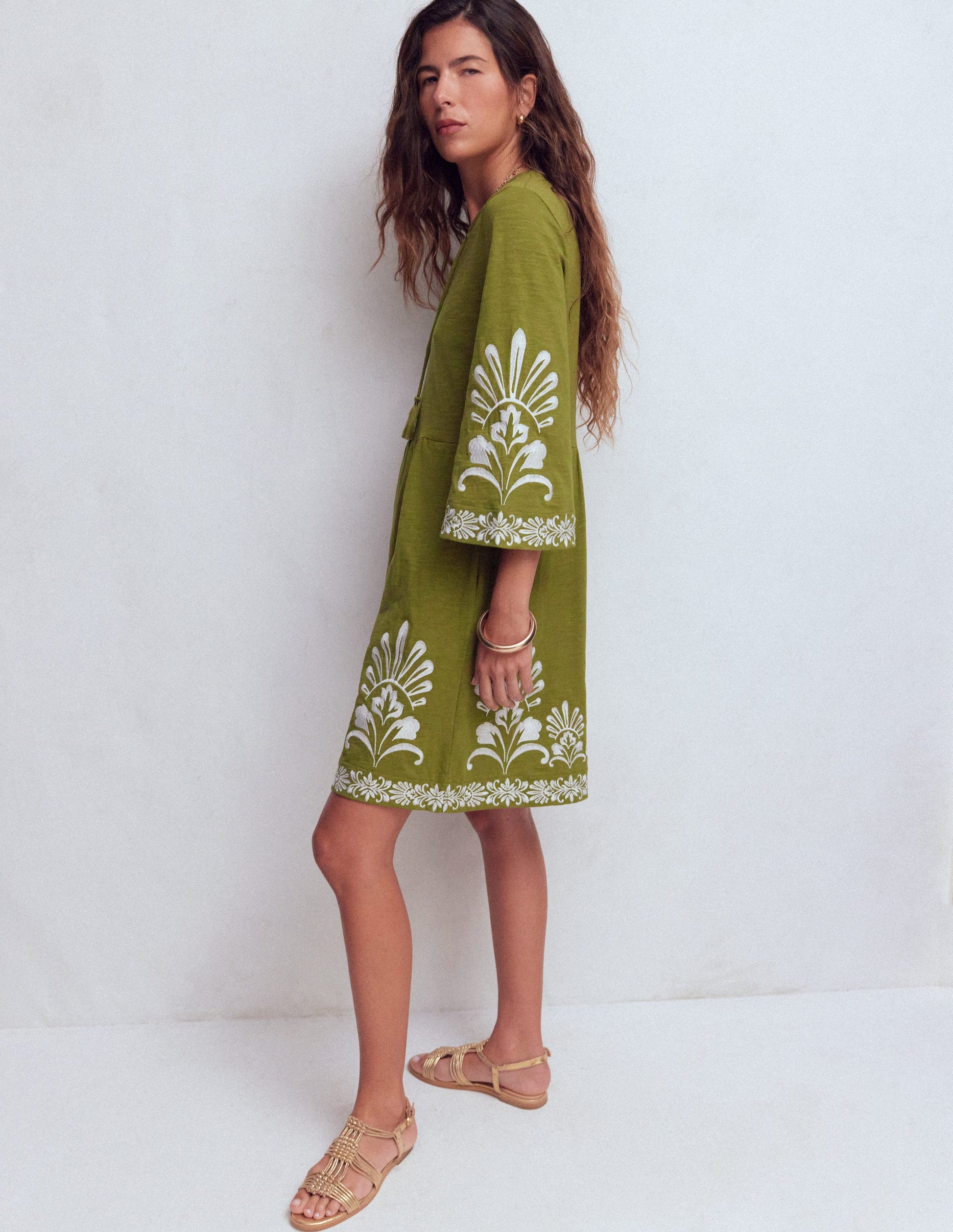 Short Kaftan Jersey Dress-Khaki Embroidered-1