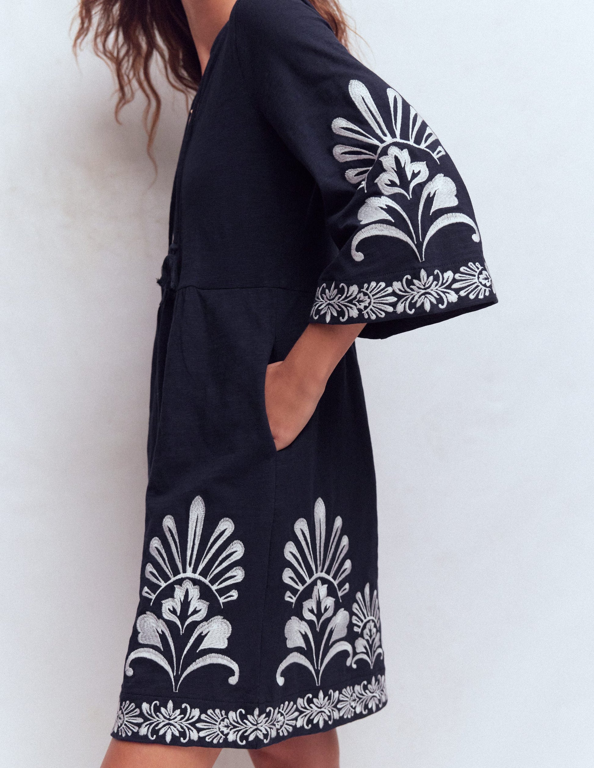 Short Kaftan Jersey Dress-Navy Embroidered | Boden USA Short Kaftan Jersey Dress-Navy Embroidered | Boden USA