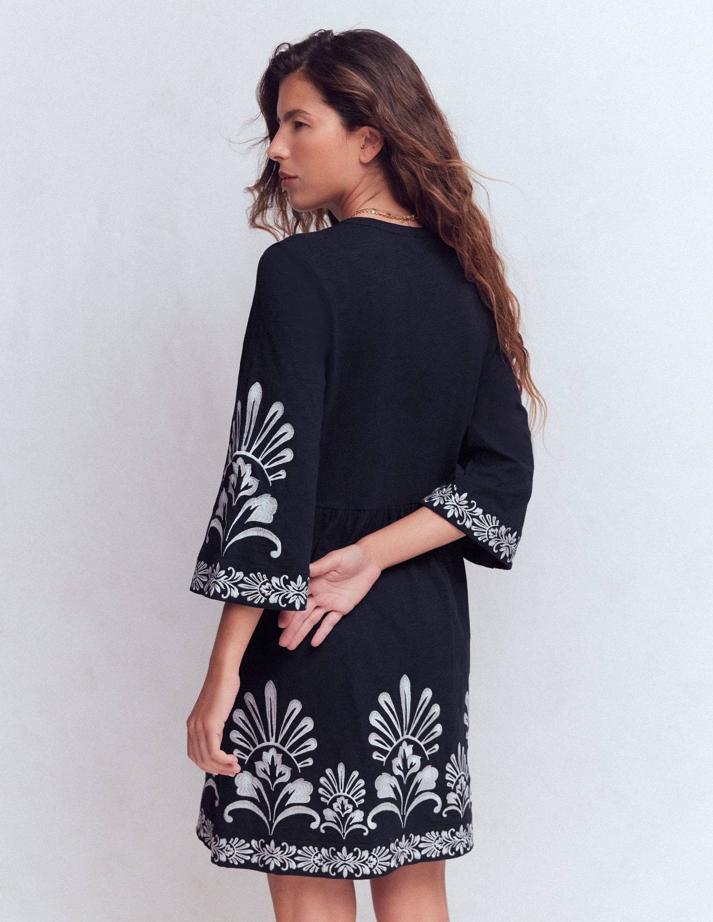Short Kaftan Jersey Dress-Navy Embroidered