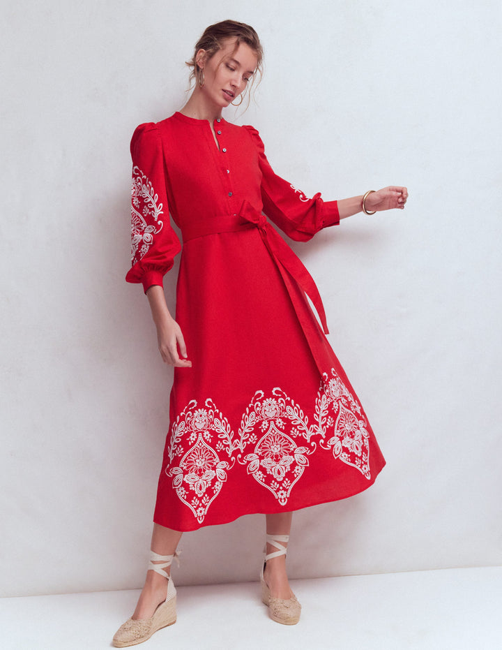 Ava Linen Blend Midi Dress-Red Embroiderie