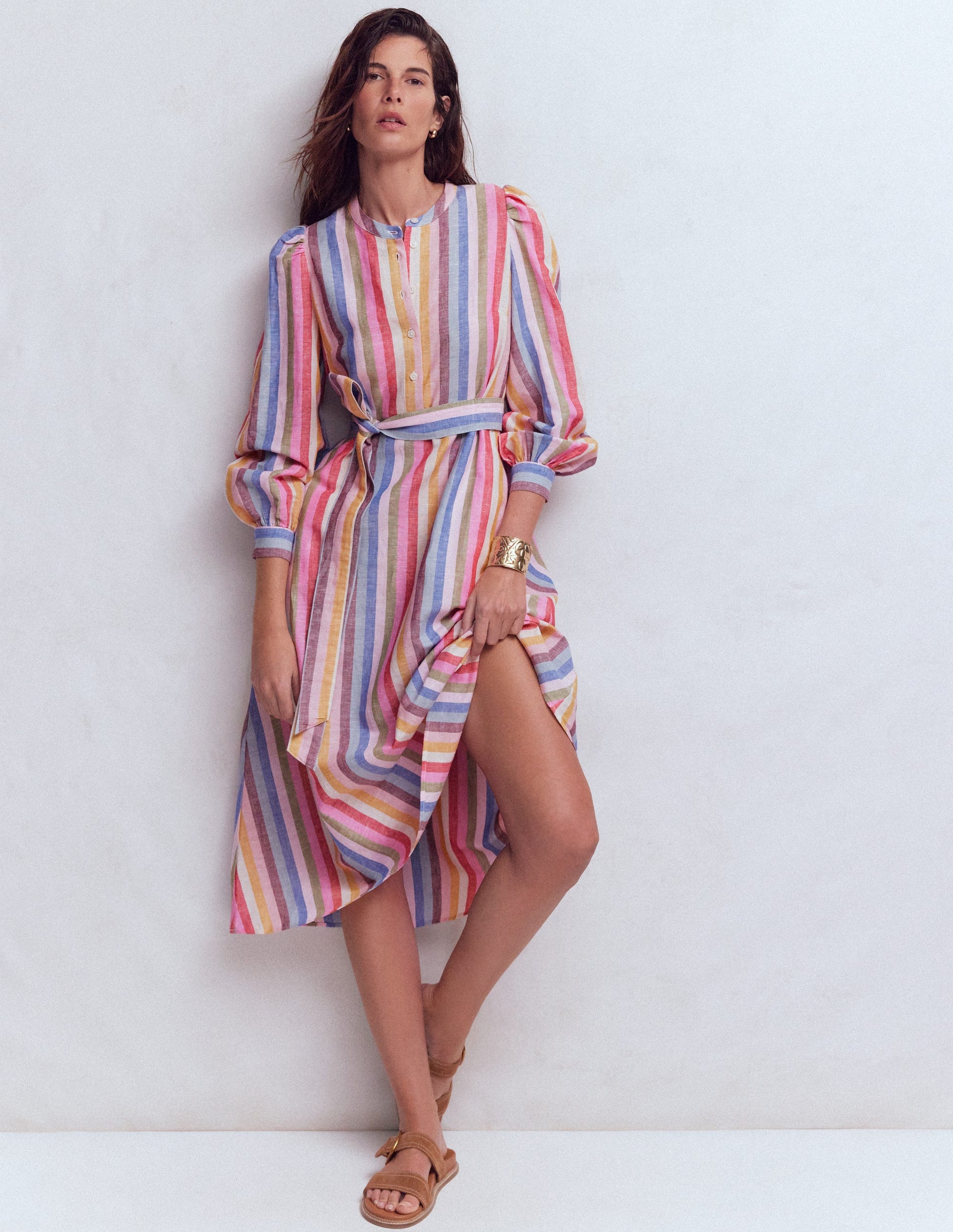 Ava Linen Blend Midi Dress-Pink, Green, Purple Multi-1