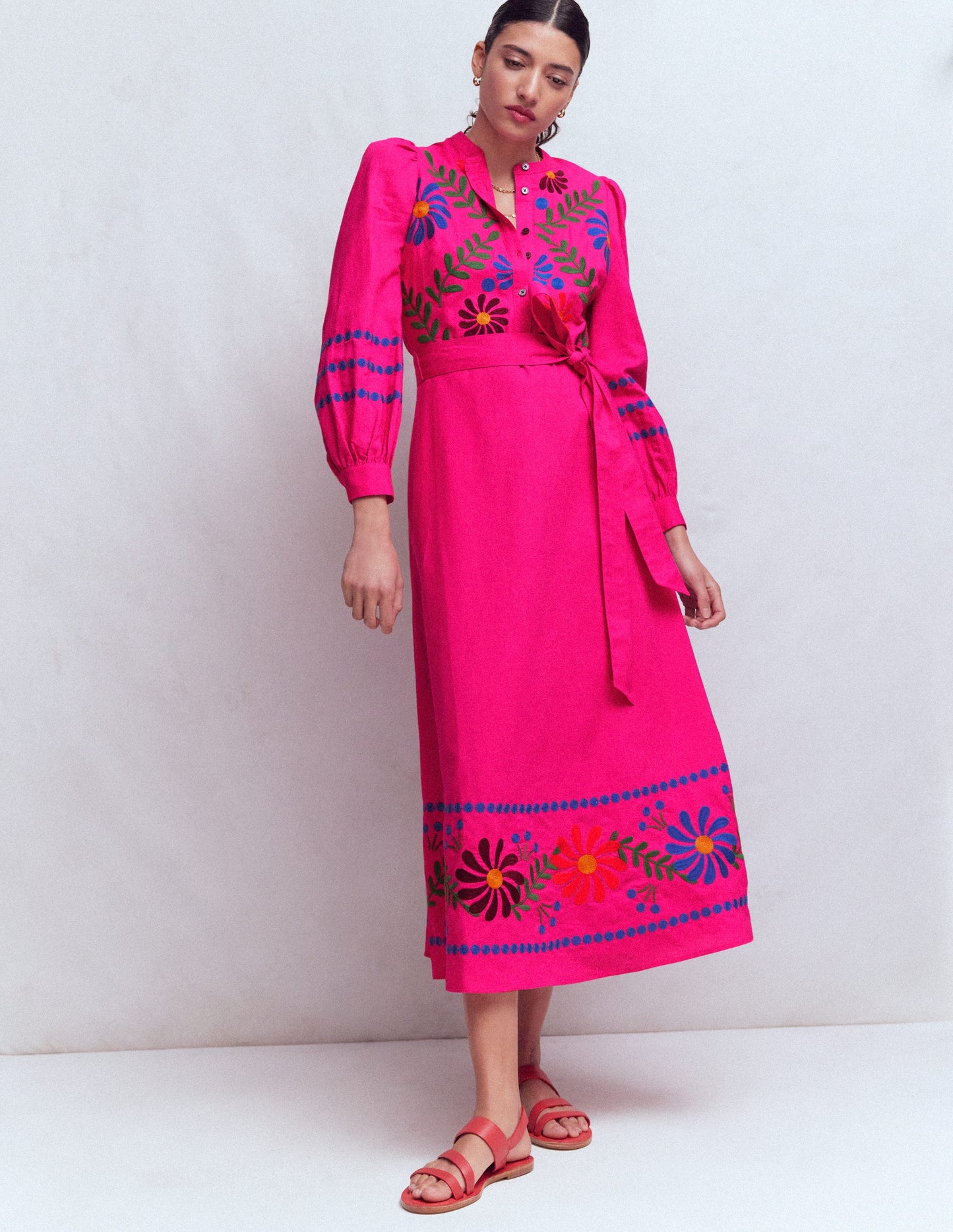Ava Linen Blend Midi Dress-Multi Embroidery