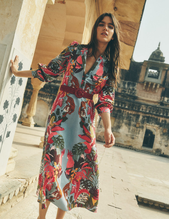 Ava Linen Blend Midi Dress-Blue Tropical Safari Placement