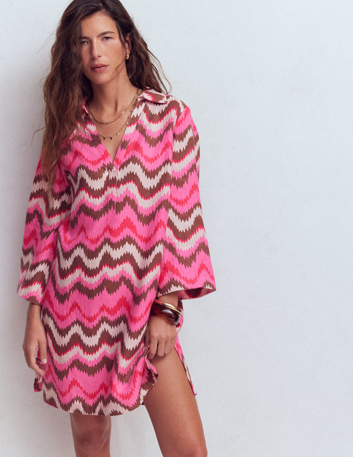 Carmen Linen Short Dress-Pink, Zig Zag Wave
