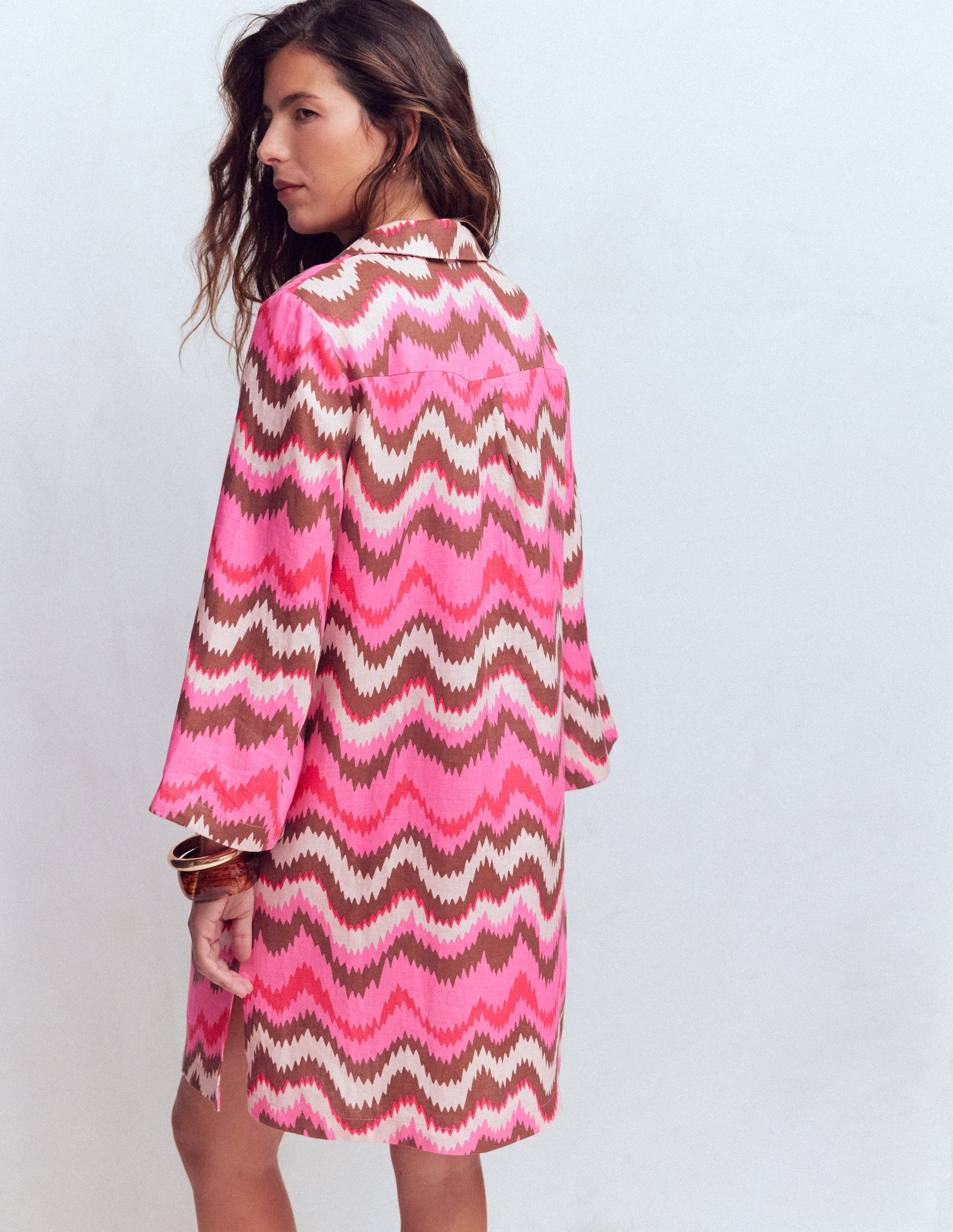Carmen Linen Short Dress-Pink, Zig Zag Wave-3