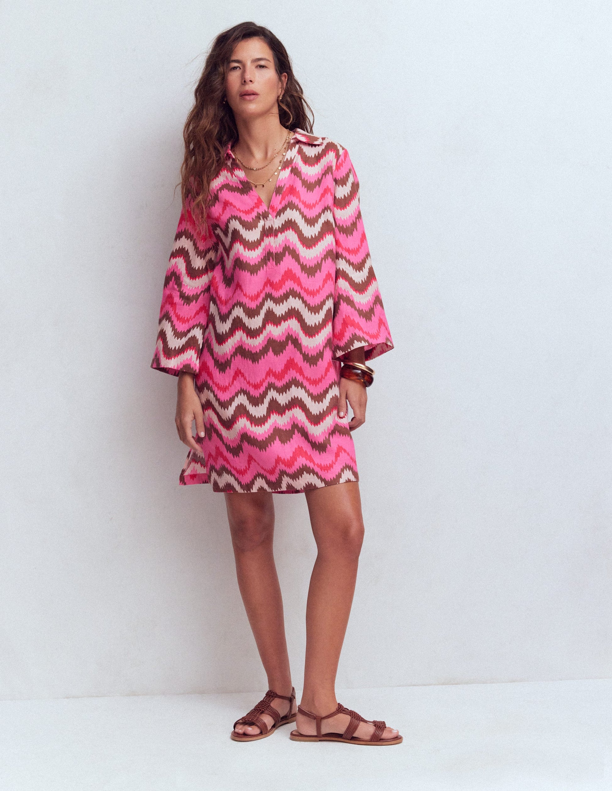 Carmen Linen Short Dress-Pink, Zig Zag Wave | Boden USA Carmen Linen Short Dress-Pink, Zig Zag Wave | Boden USA