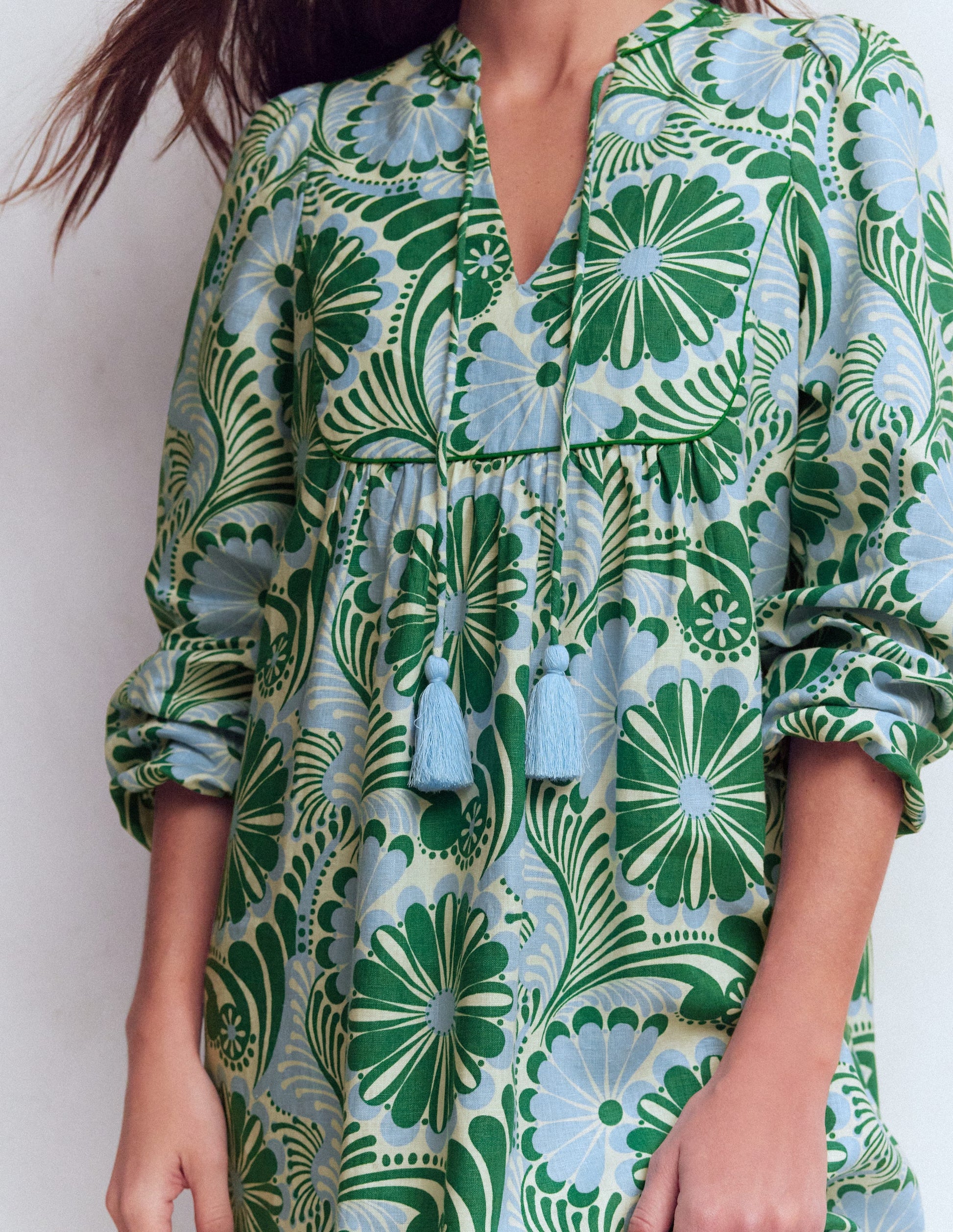 Pia Linen Yoke Tassel Dress-Blue Euphoric Garden-2