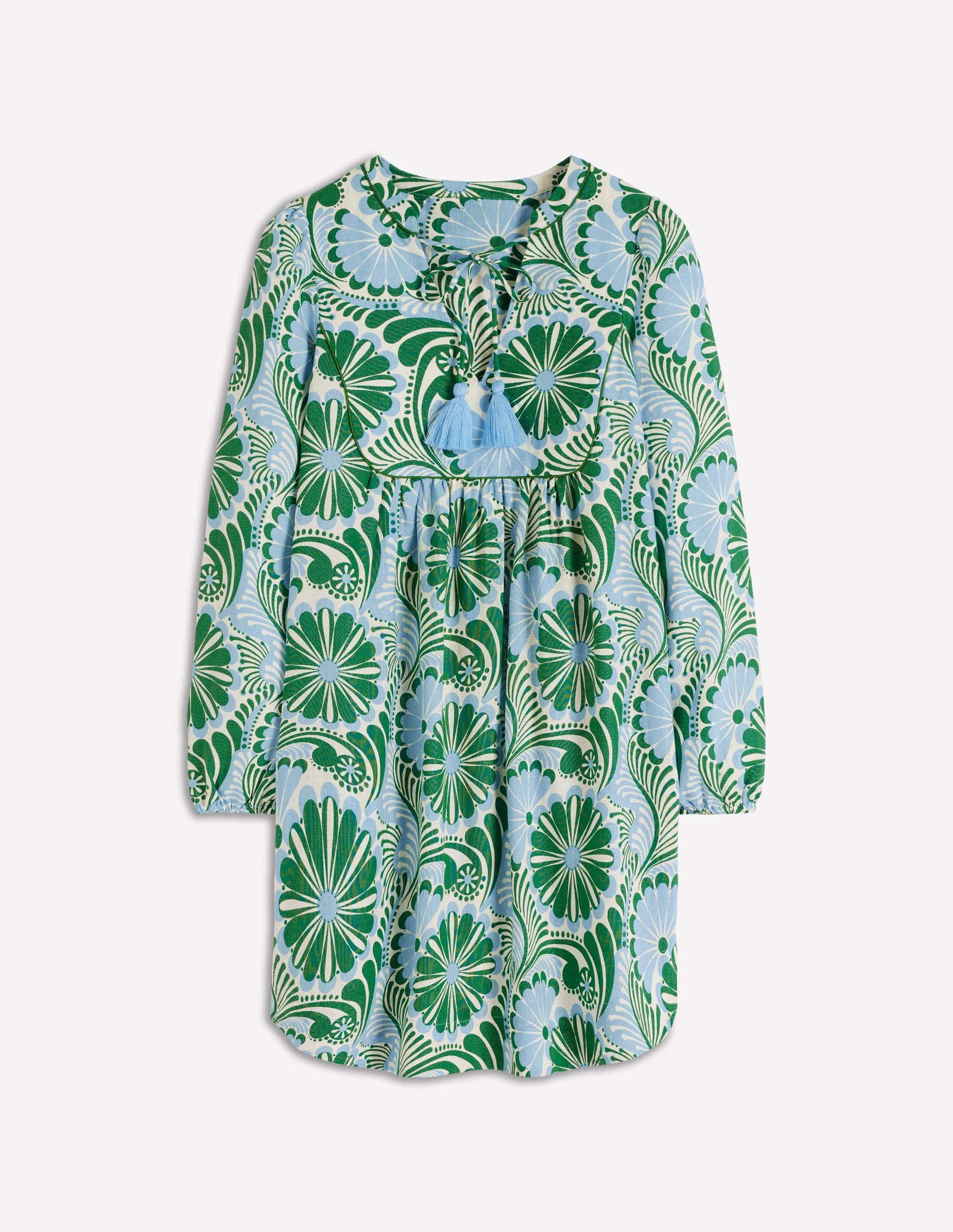 Boden Women's Pia Linen Yoke Tassel Dress in Blue | Size 4 Boden Women's Pia Linen Yoke Tassel Dress in Blue | Size 4
