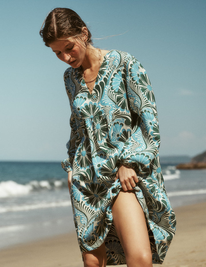 Pia Linen Yoke Tassel Dress-Blue Euphoric Garden